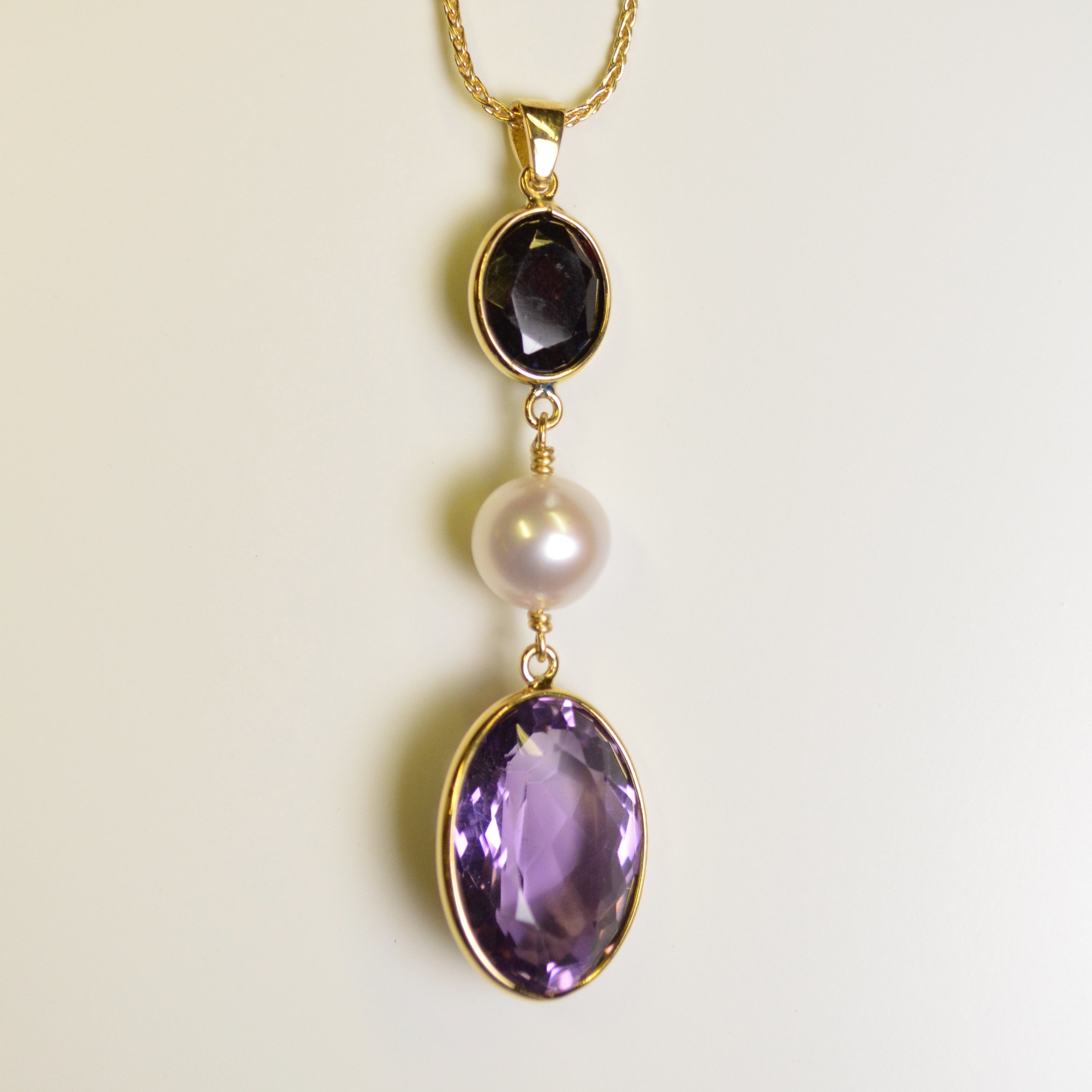 NCJ15911 Amethyst, Garnet & Cultured Pearl Pendant in 18ct Yellow Gold