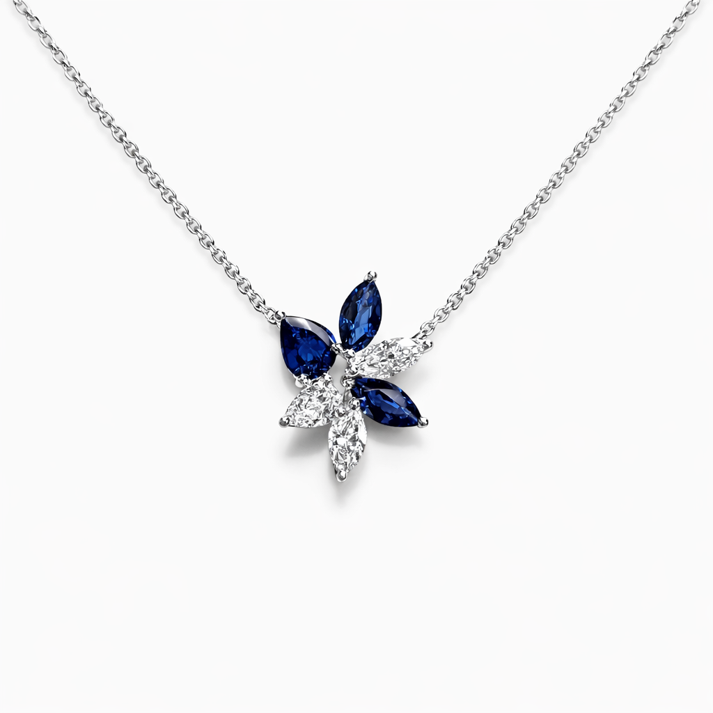 Floral Motif Sapphire Diamond Pendant | 18ct White Gold