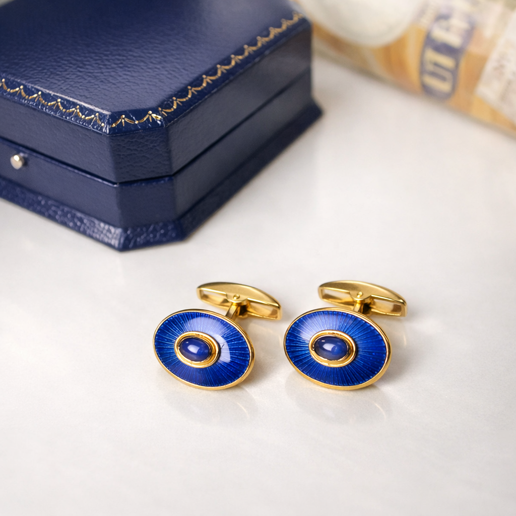 18ct Yellow Gold Cufflinks with Blue Enamel and Blue Sapphire