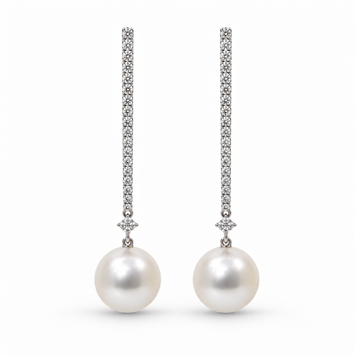 10.8mm South Sea Pearl Diamond Long Drop Earrings 18ct White Gold