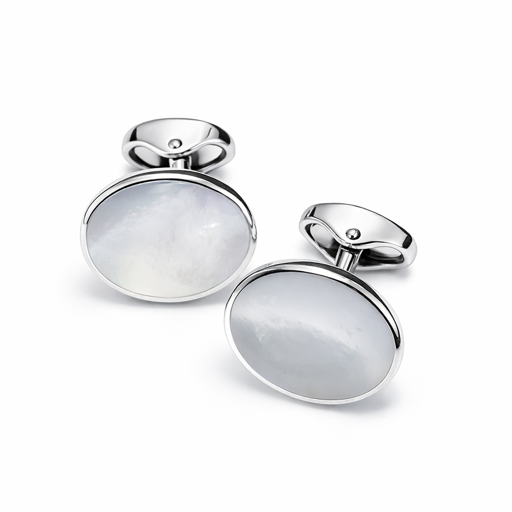 STERLING SILVER CUFFLINKS SET WITH WHITE MOTHER OF PEARL
