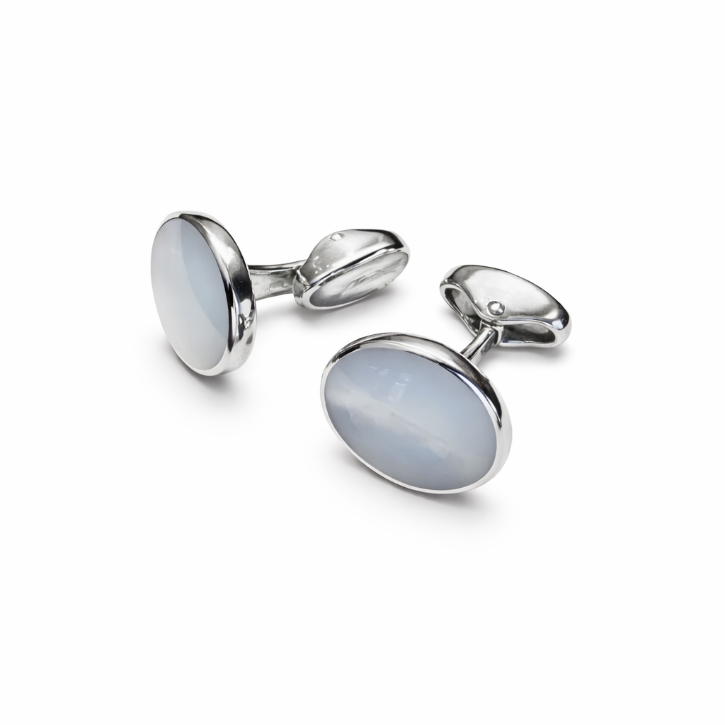 STERLING SILVER CUFFLINKS SET WITH WHITE MOTHER OF PEARL