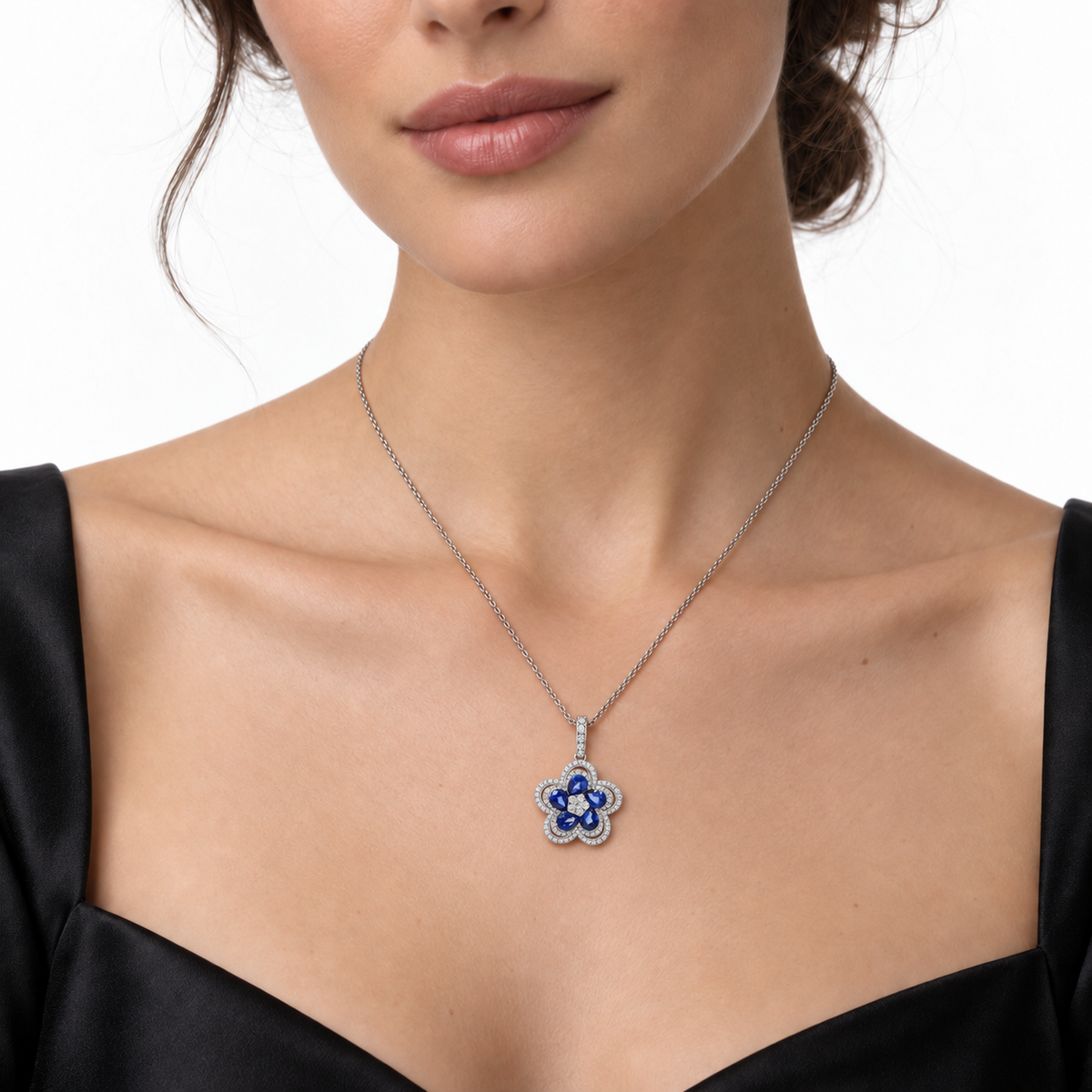 Floral Design 2.01ct Sapphire Diamond Pendant in 18ct White Gold SB21803