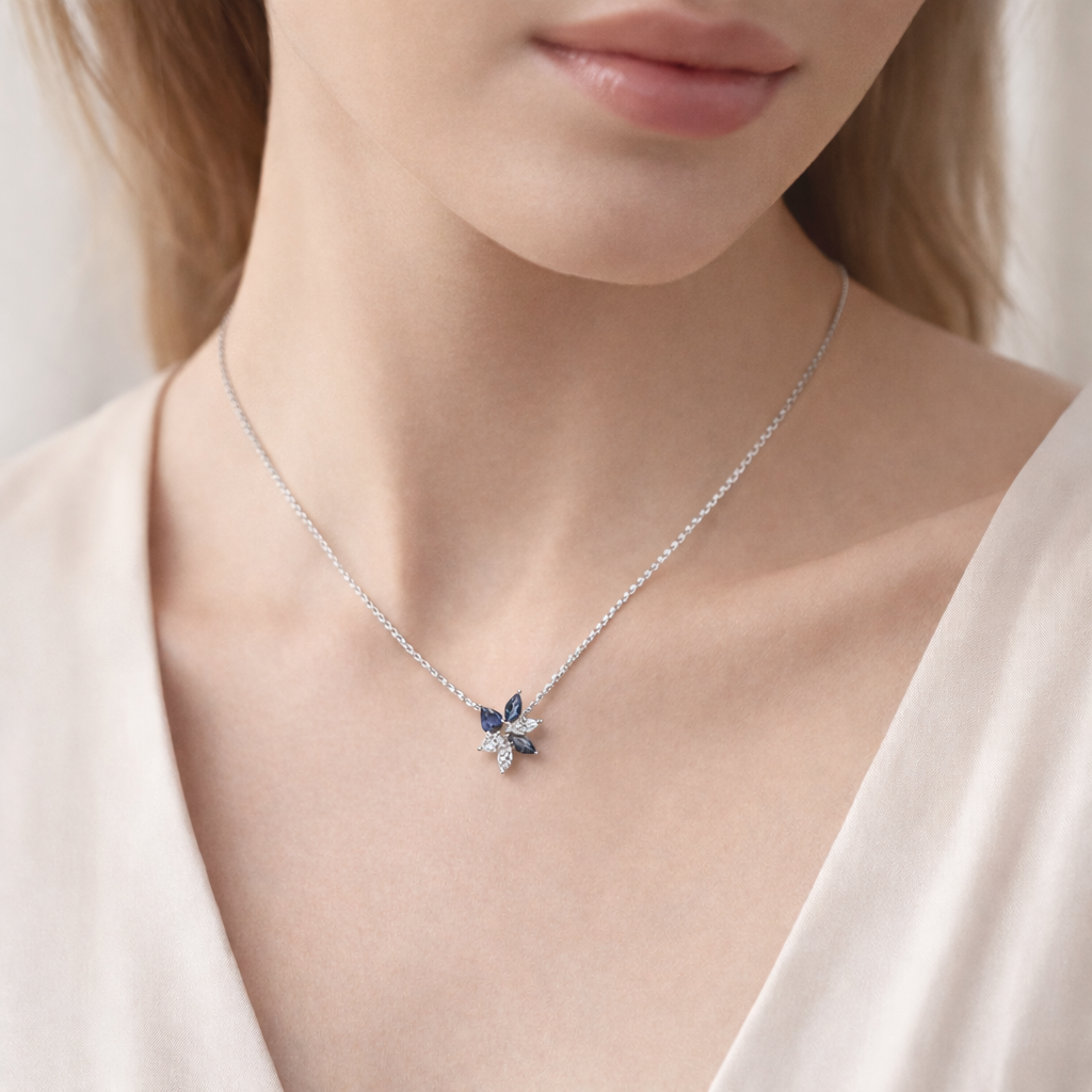 Floral Motif Sapphire Diamond Pendant | 18ct White Gold