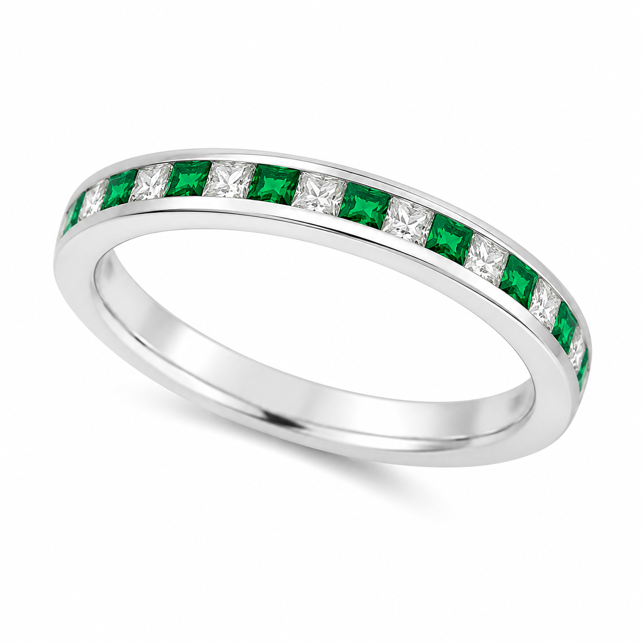 Emerald & Princess Cut Diamond Half Eternity Channel Set Ring | 18ct White Gold | TP10524