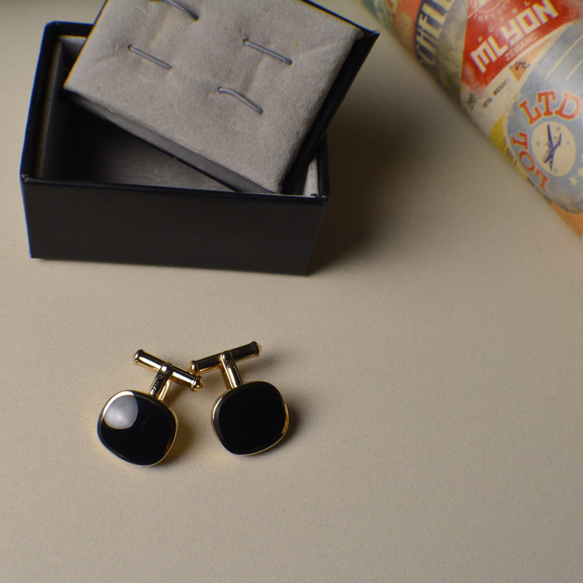 Black 9ct Yellow Gold Cufflinks set with Cut Onyx