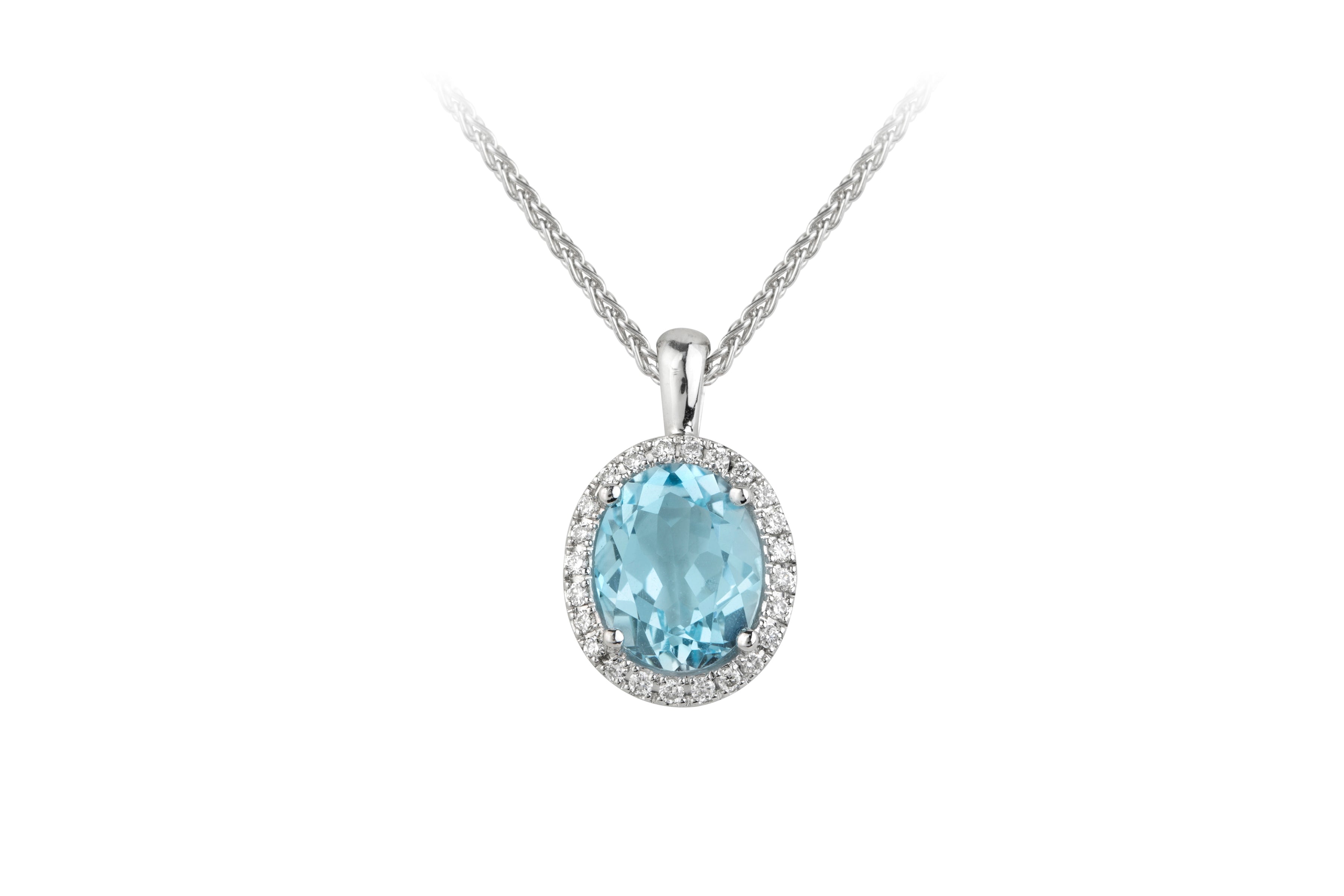ER10816 Blue Topaz Faceted & Diamond Oval Cluster Pendant & Chain in 18ct White Gold