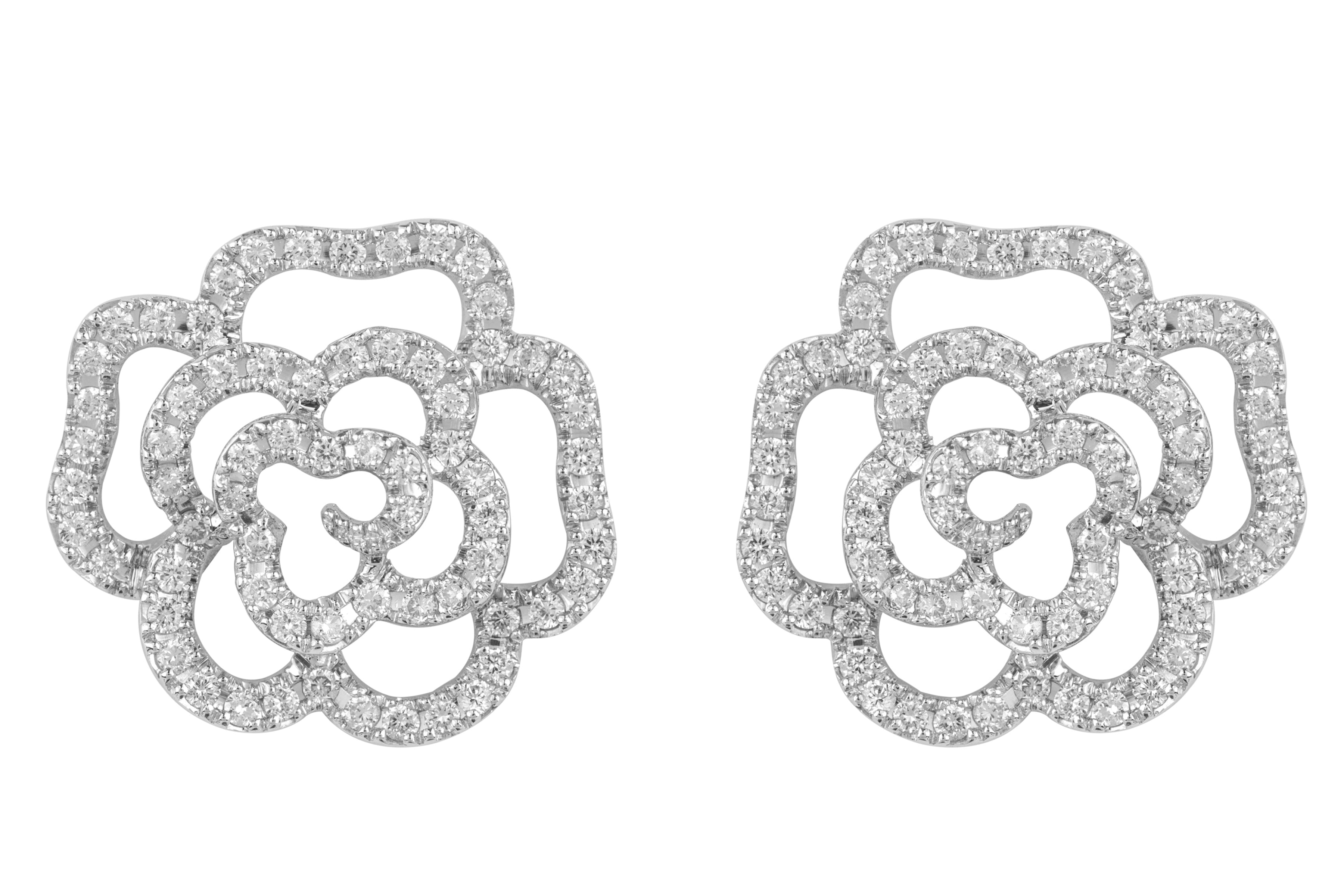Diamond Rose 3D effect Earrings in 18ct White Gold