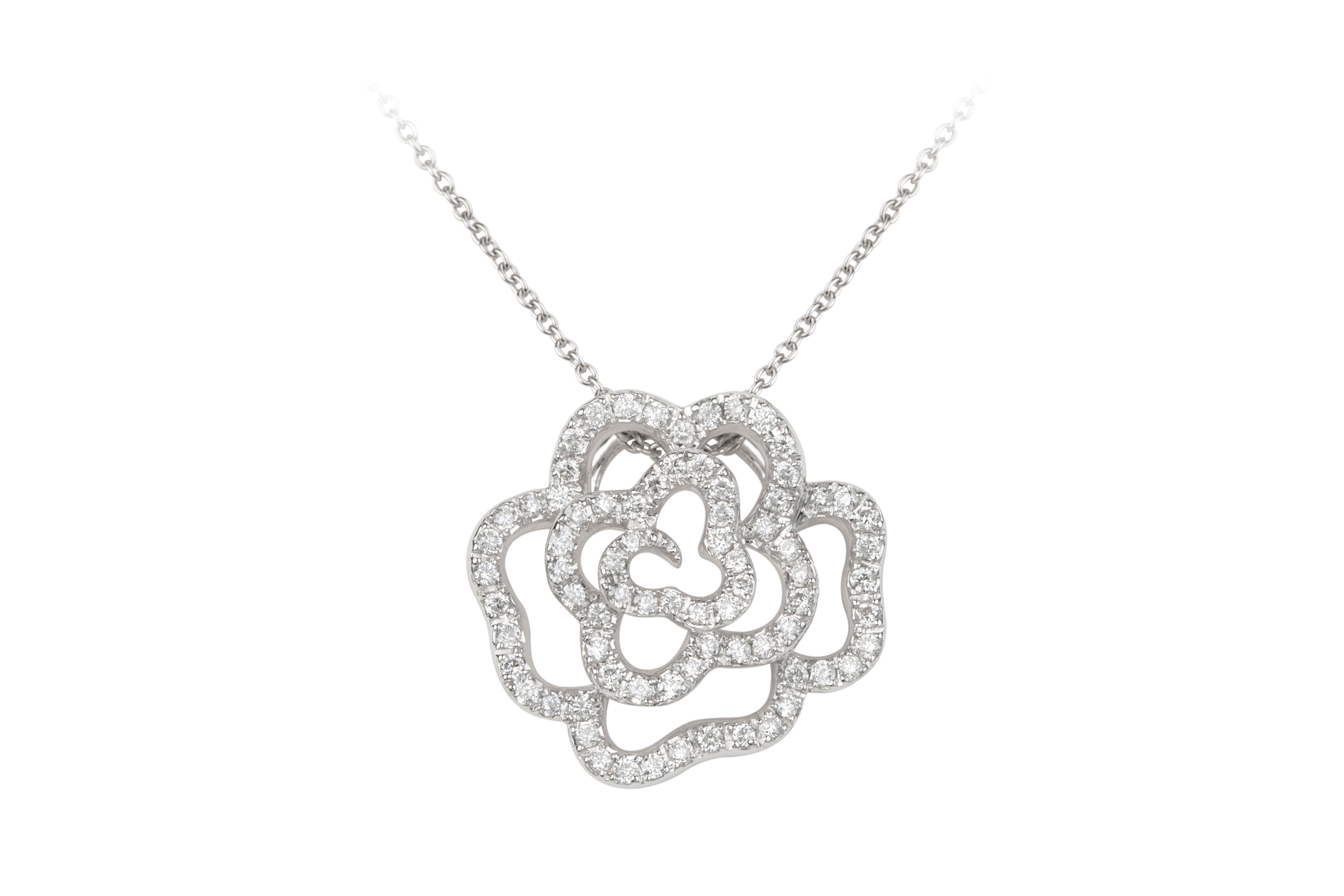 Diamond Rose 3D Pendant & Chain in 18ct White Gold