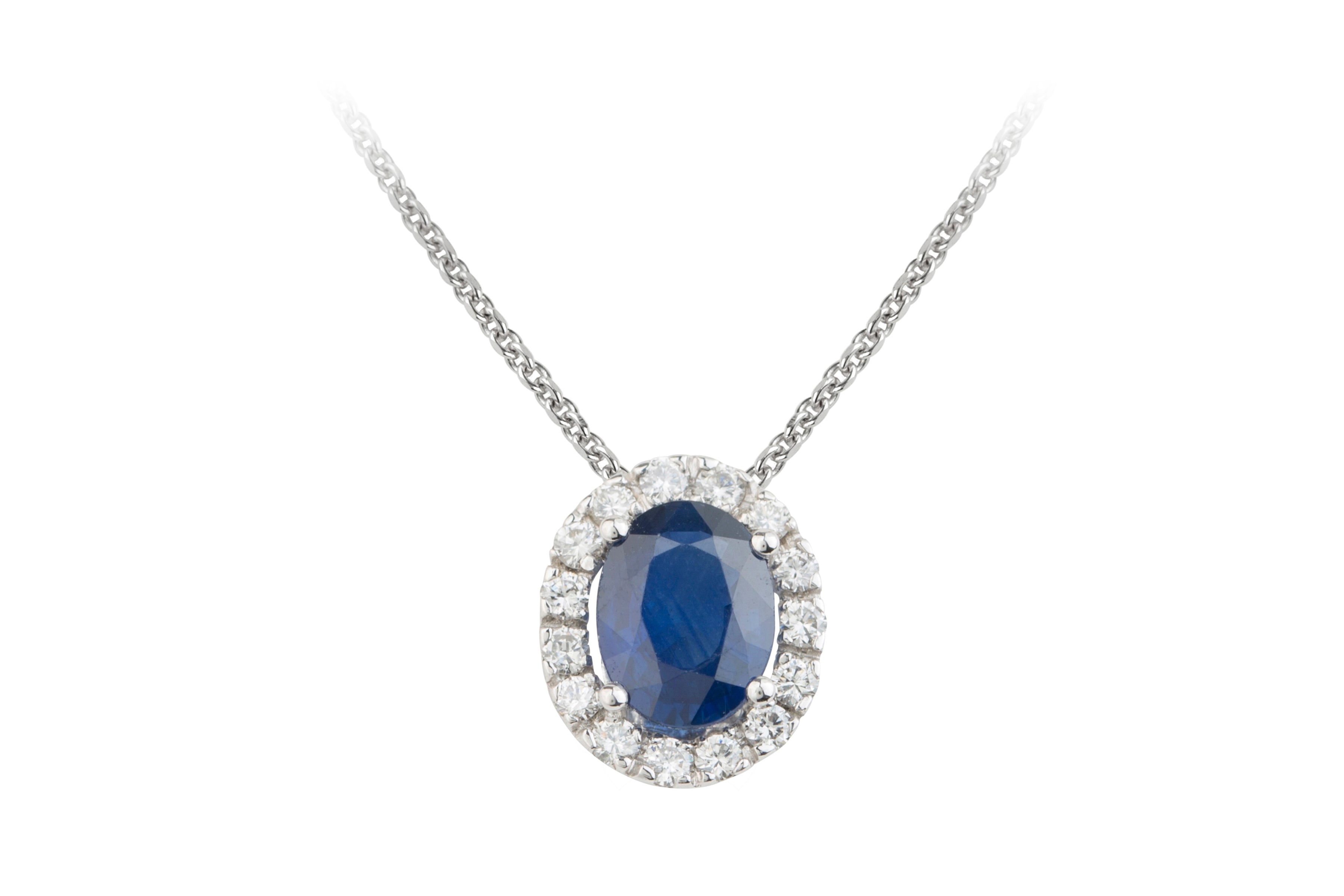 ER14831 Sapphire & Diamond Oval Cluster Pendant & Chain in 18ct White Gold