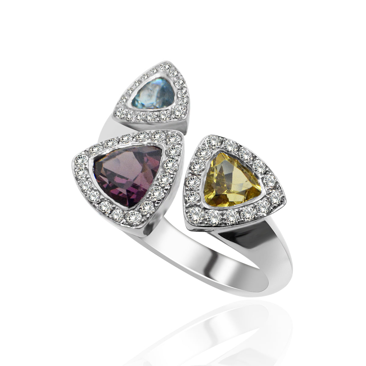 18ct White Gold Semi Precious Stone ring - Beryl, Blue Topaz & Rhodolite