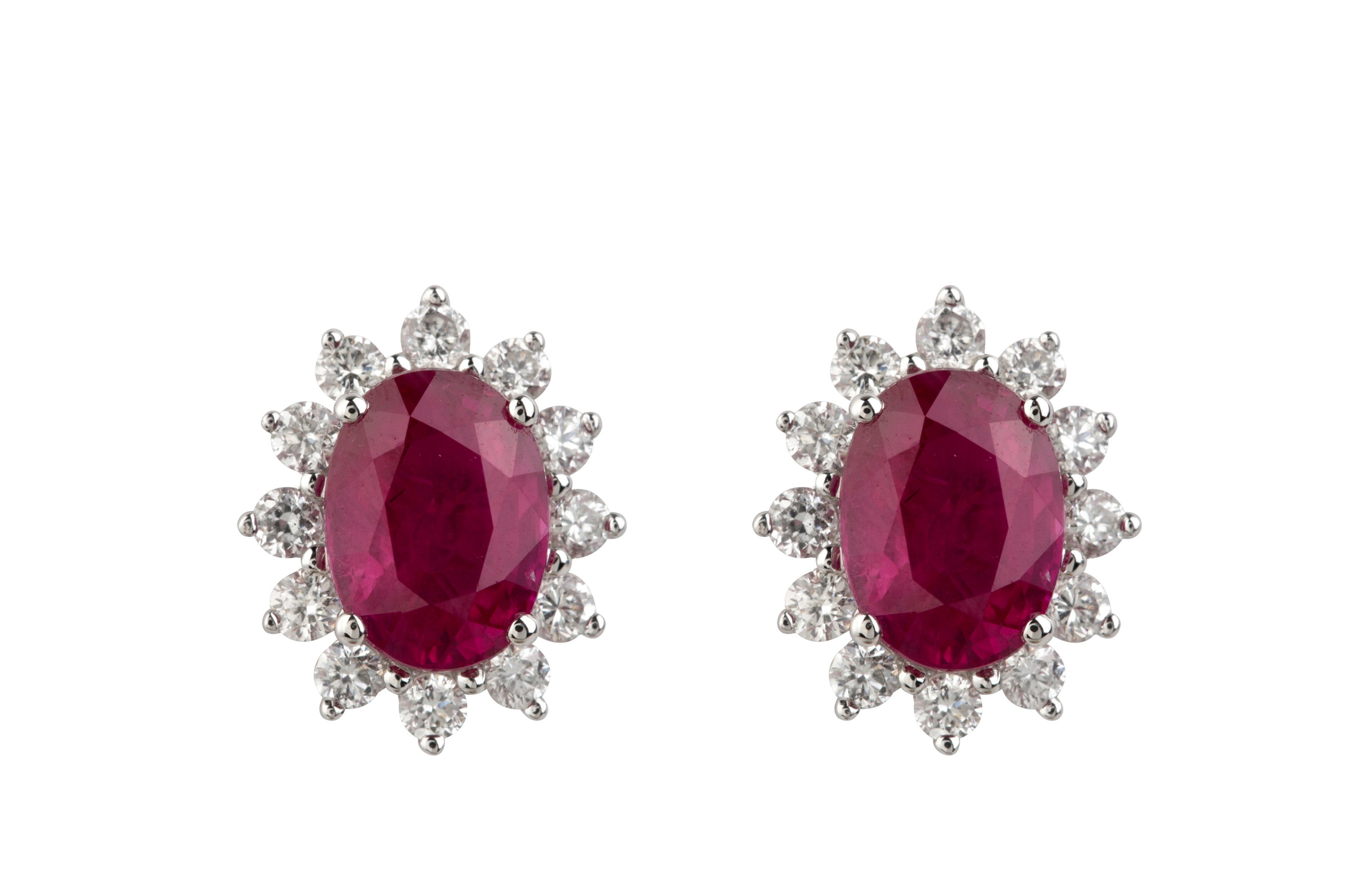 Ruby & Diamond Oval Cluster Earrings in 18ct White Gold