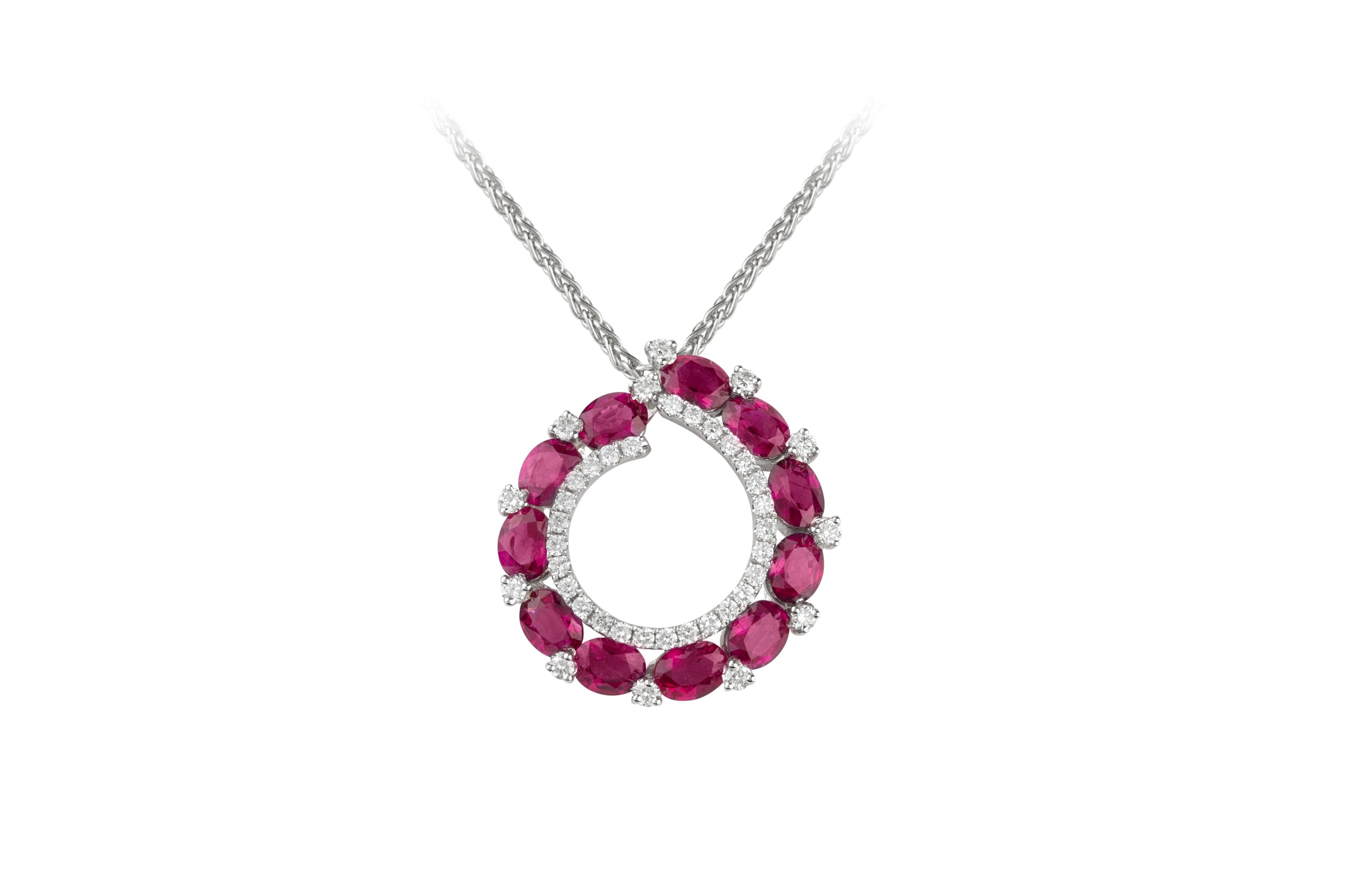 Ruby & Diamond Abstract Pendant & Chain In 18ct White Gold