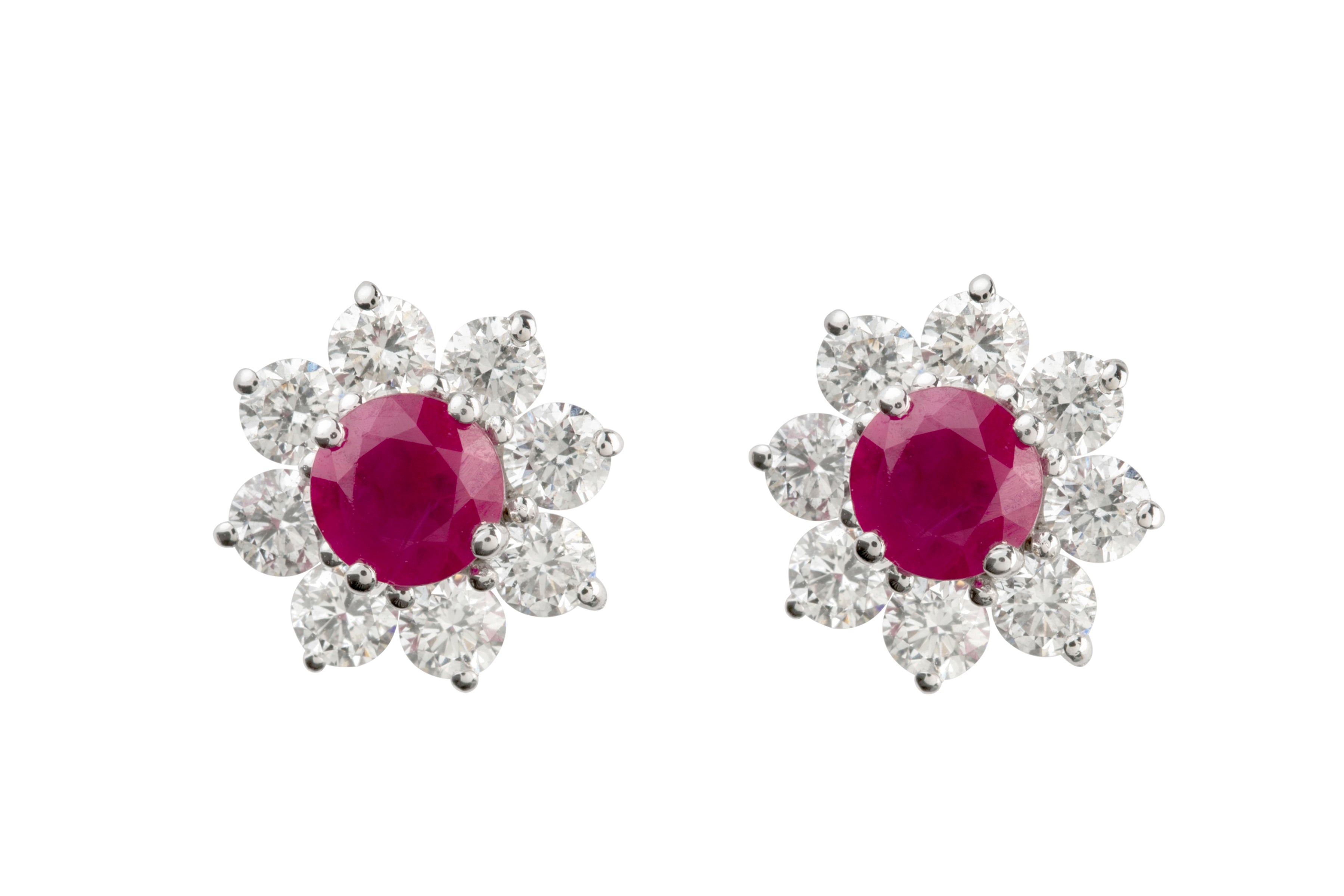 Ruby & Diamond Round Cluster Earrings in 18ct White Gold
