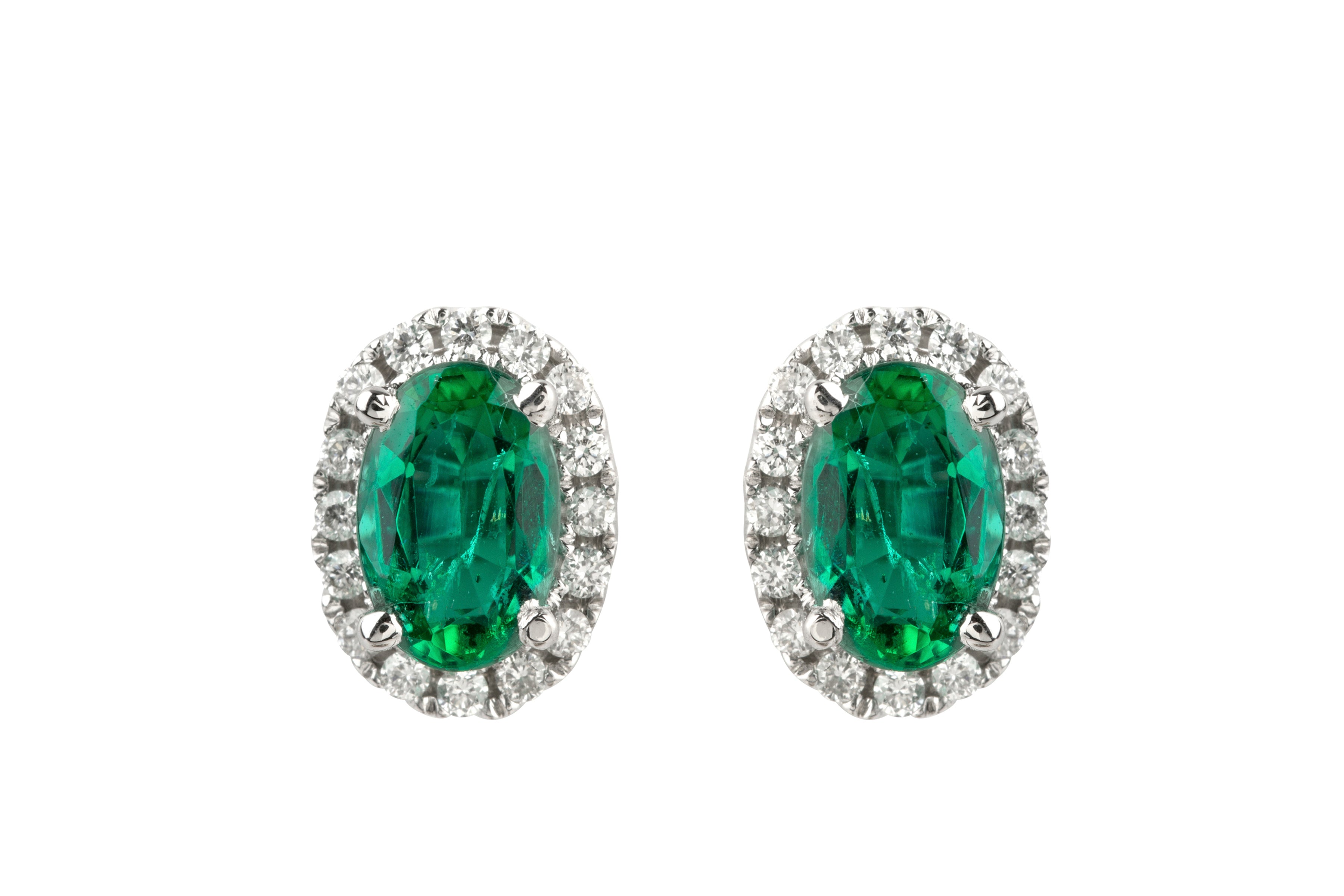 Emerald & Diamond Oval Cluster Earrings in 18ct White Gold