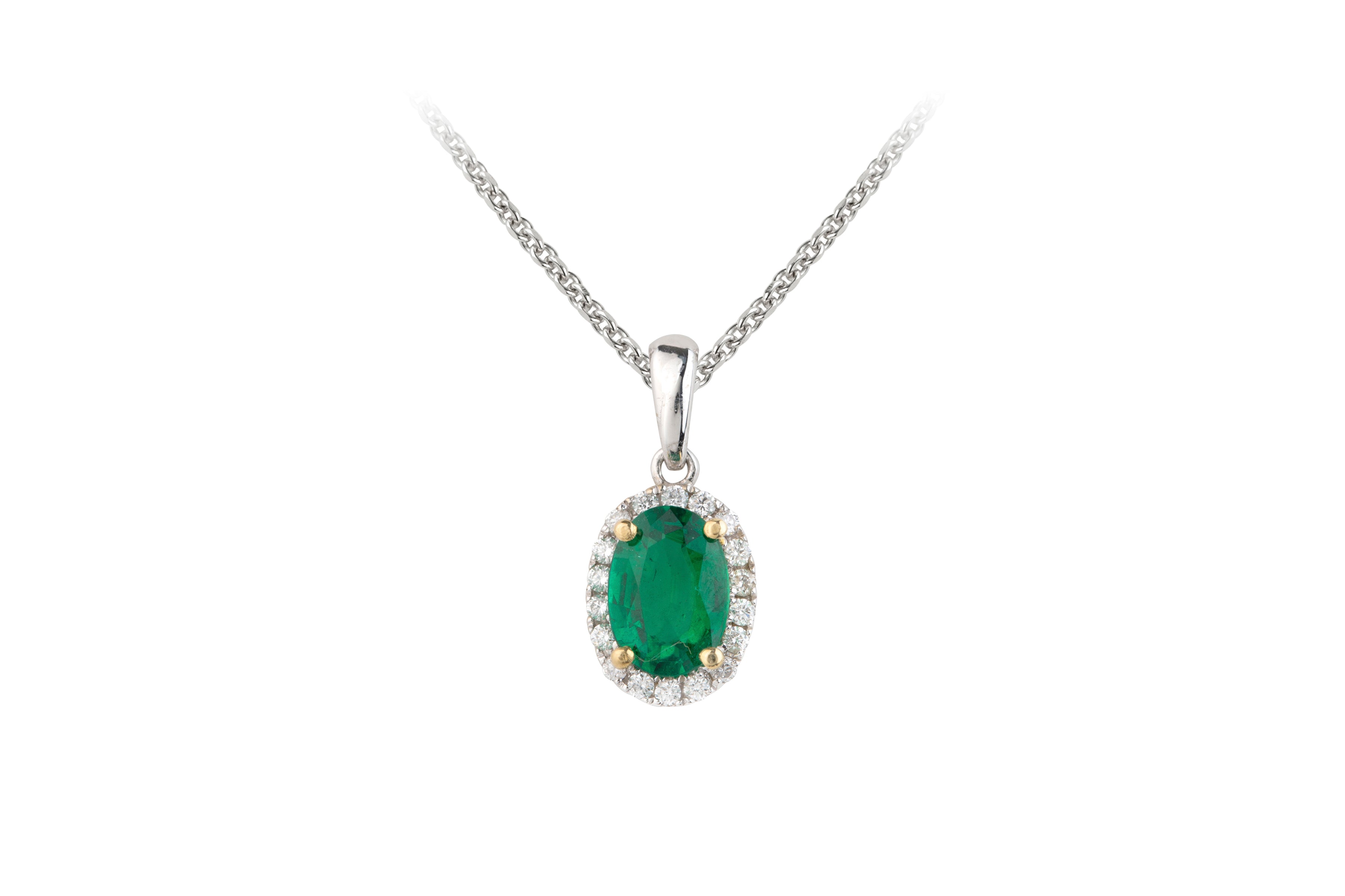 SB14907 Emerald & Diamond Oval Cluster Pendant & Chain in 18ct White Gold