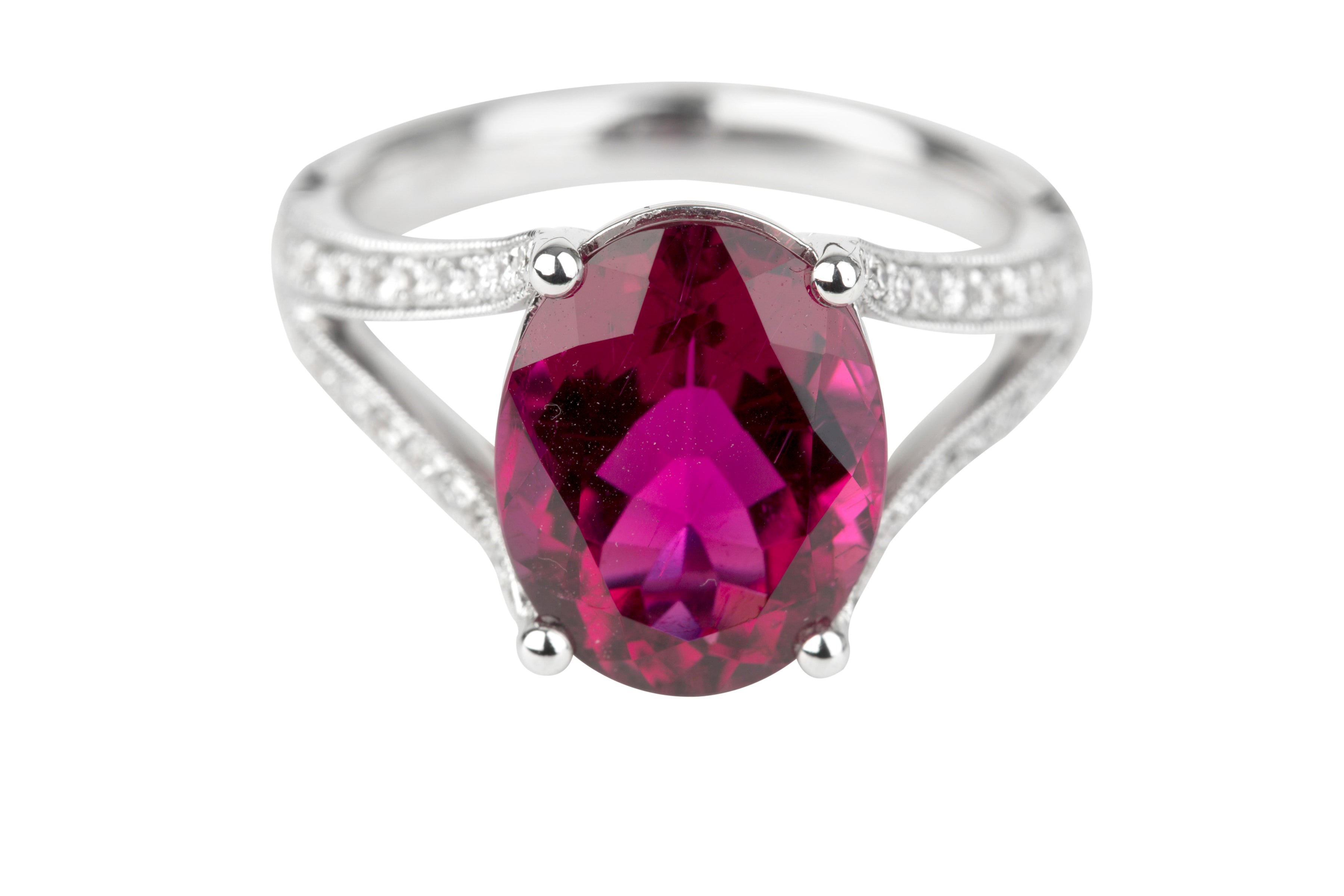 SB15507 Rubelite & Diamond Split shank Ring in 18ct White Gold