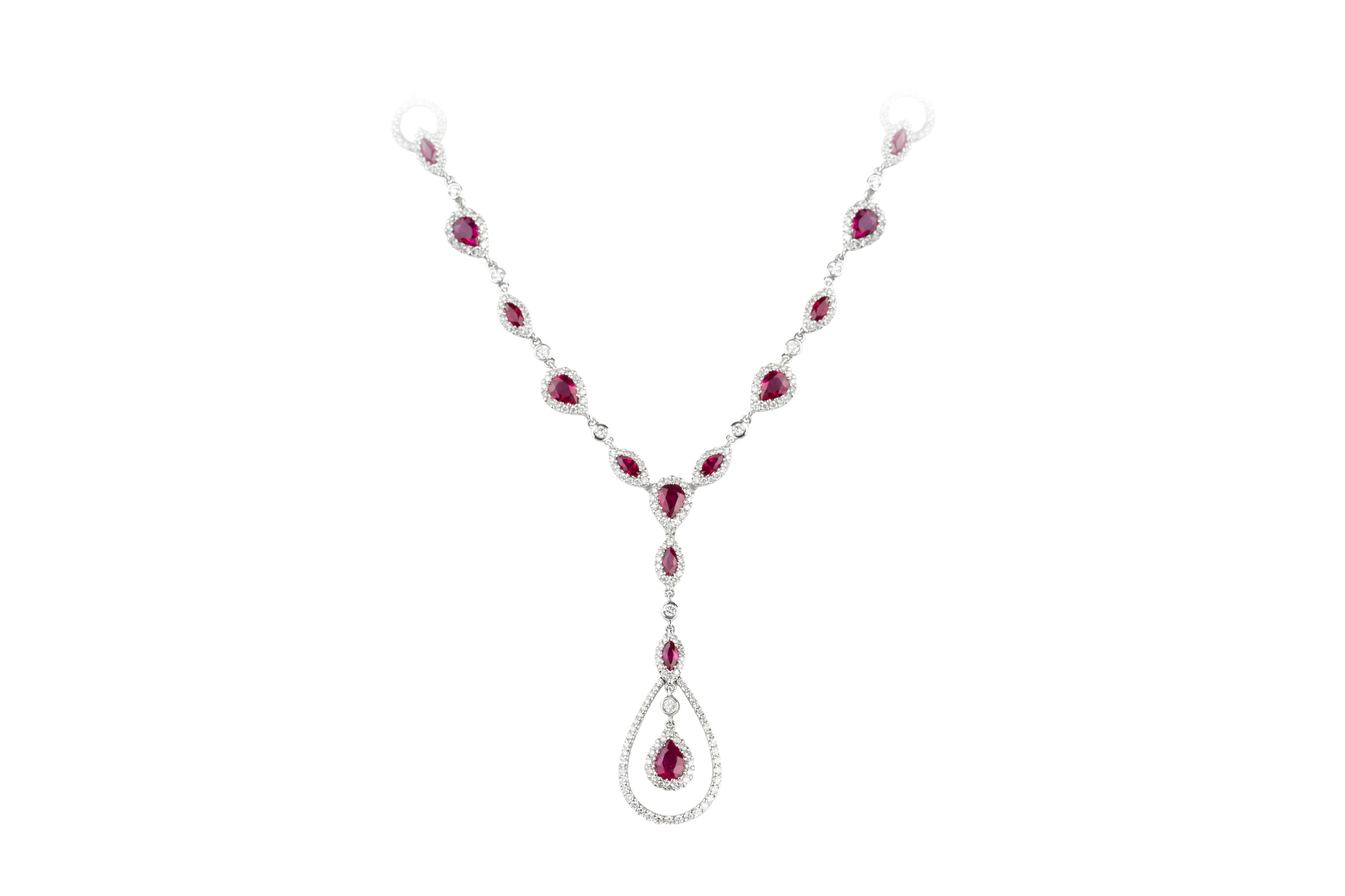 Ruby & Diamond Vintage Cluster Drop Necklace in 18ct White Gold