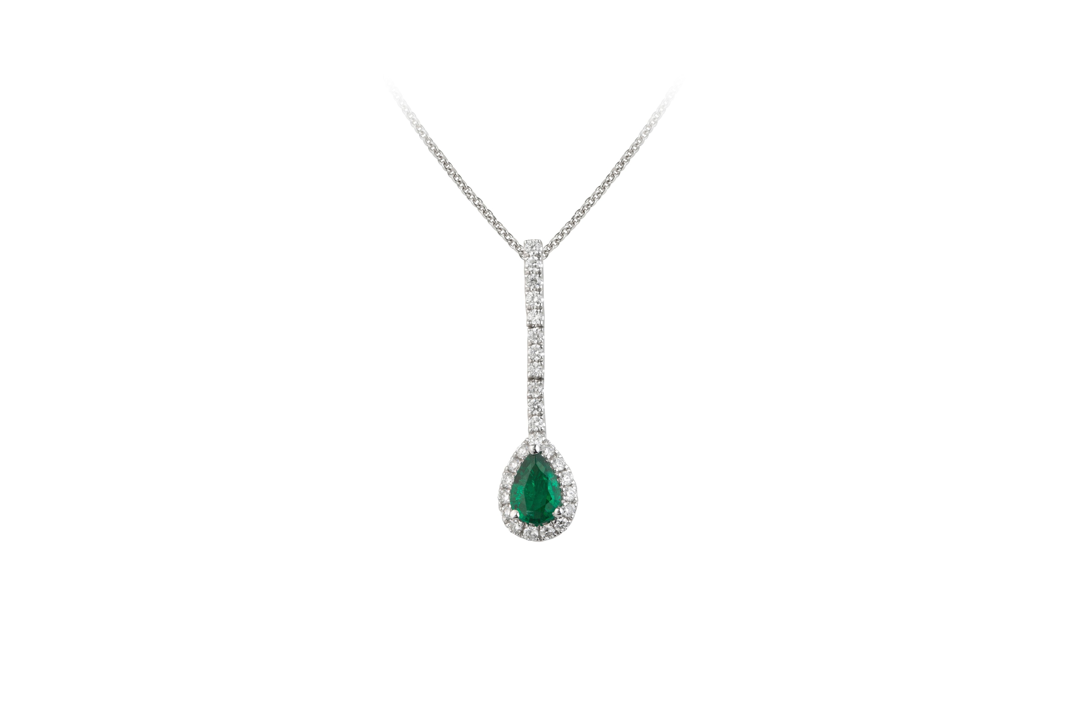 SE11927 Emerald & Diamond Drop Pendant & Chain in 18ct White Gold