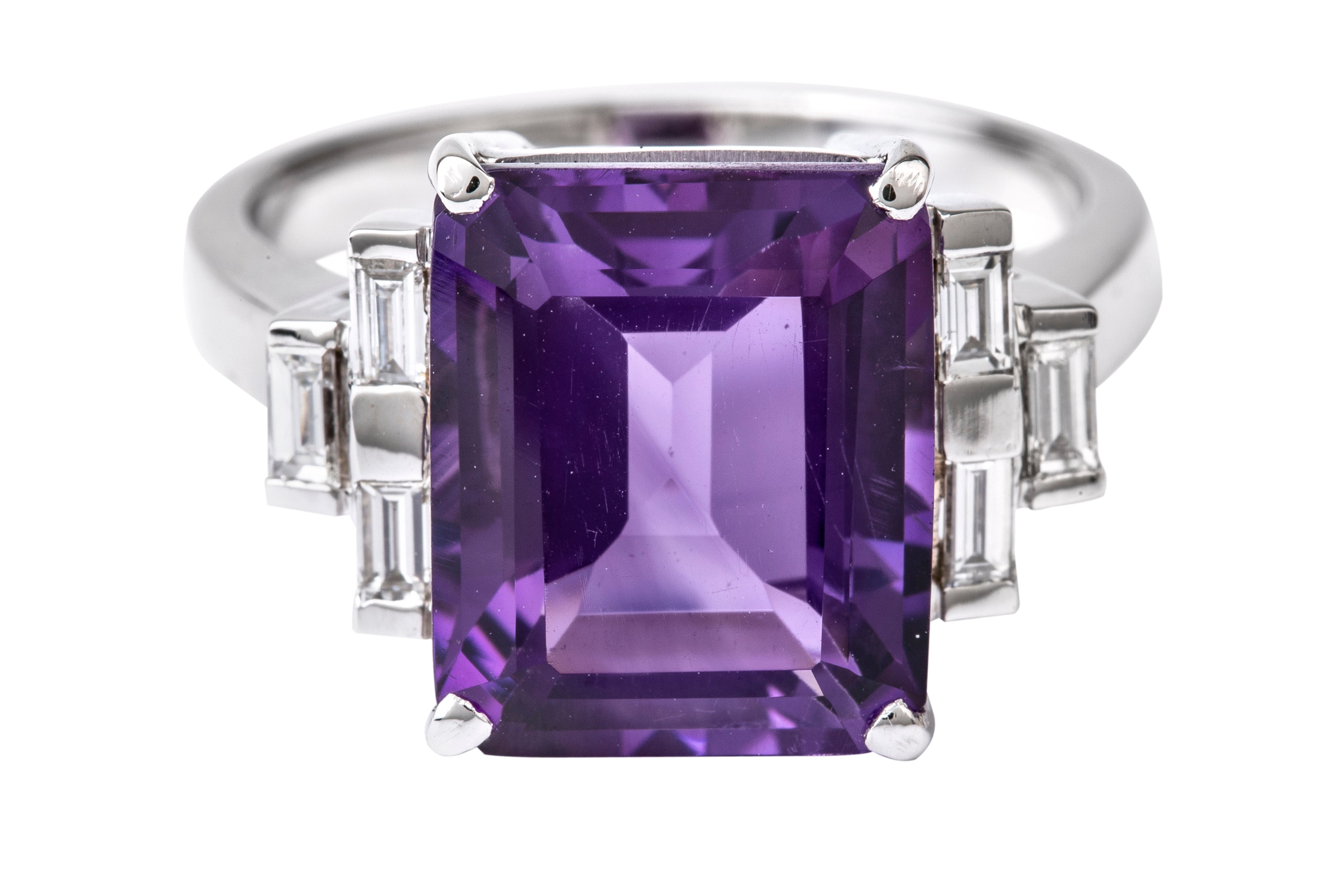SE15513Emerald Cut Amethyst & Diamond Ring in 18ct White Gold