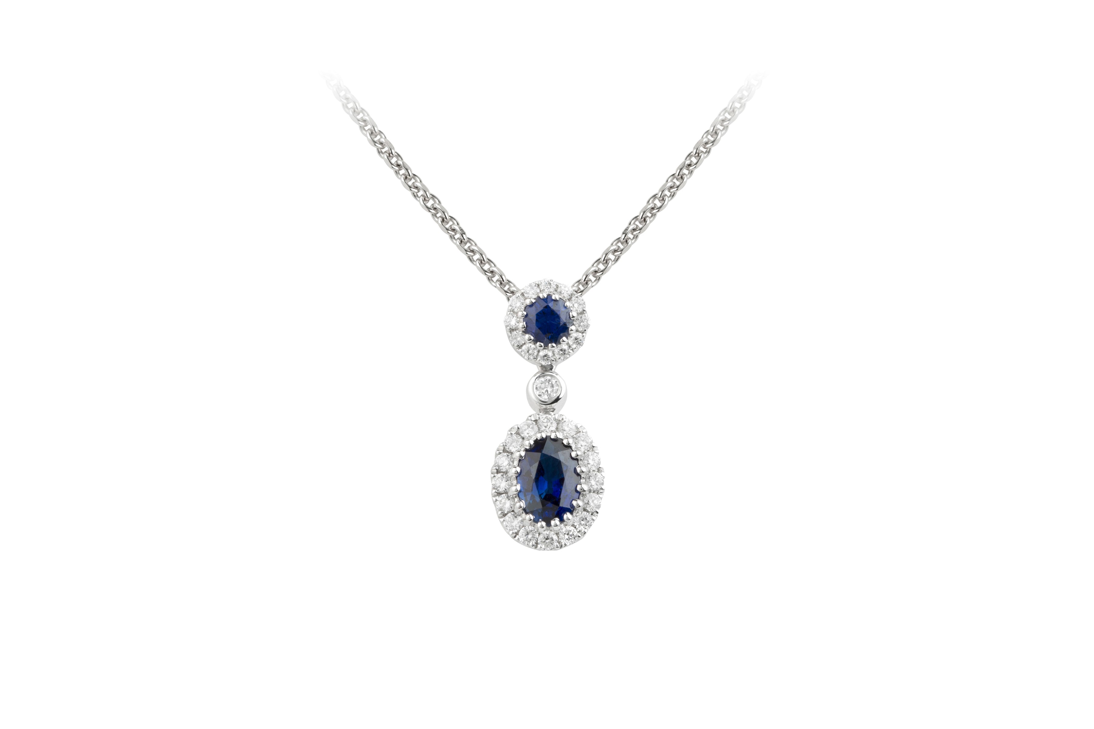 SE14924 Sapphire & Diamond Double Cluster Drop Pendant & Chain in 18ct White Gold