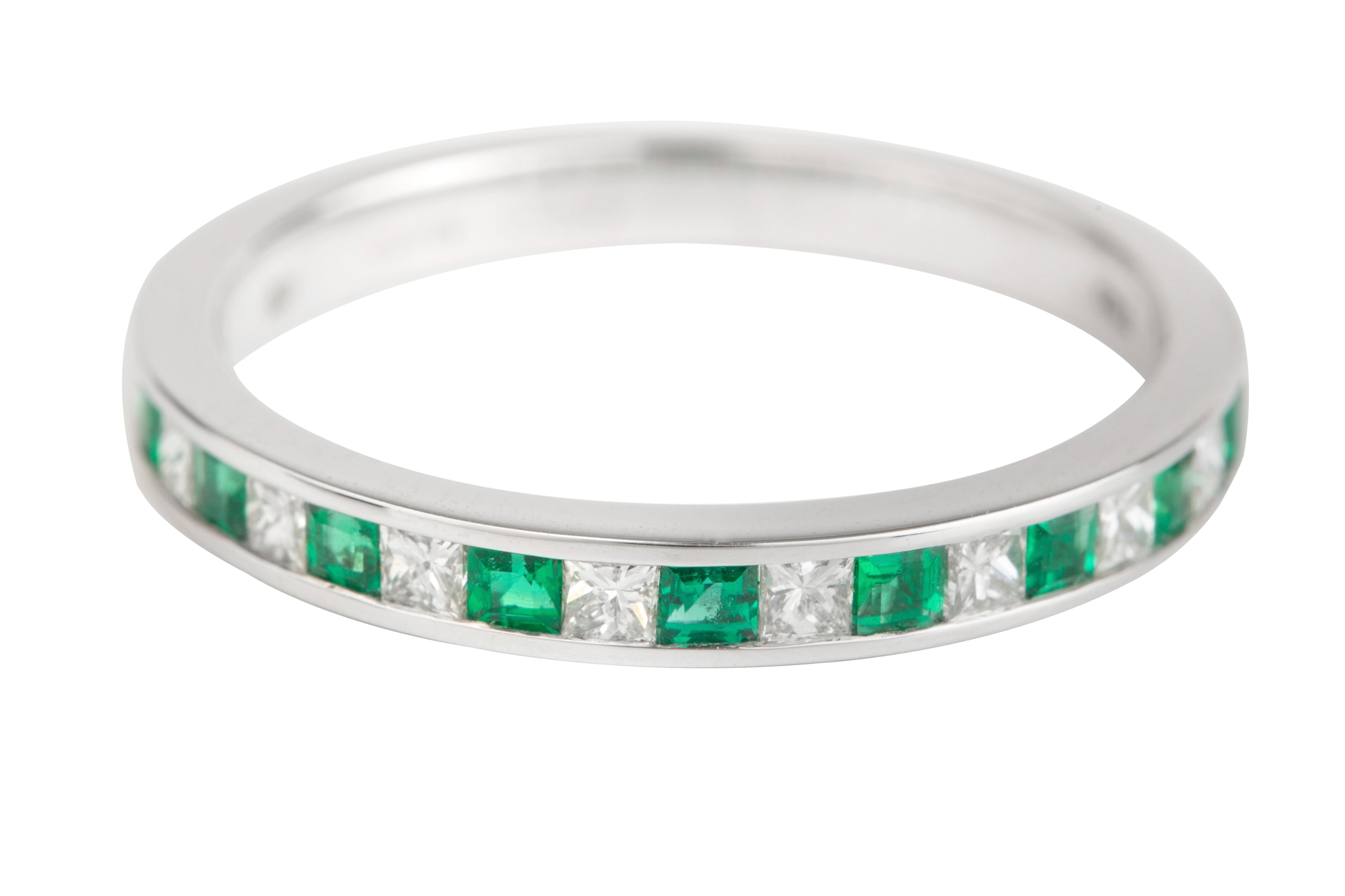 TP10524 Emerald & Princess-cut Diamond Half Eternity Channel set Ring in 18ct White Gold