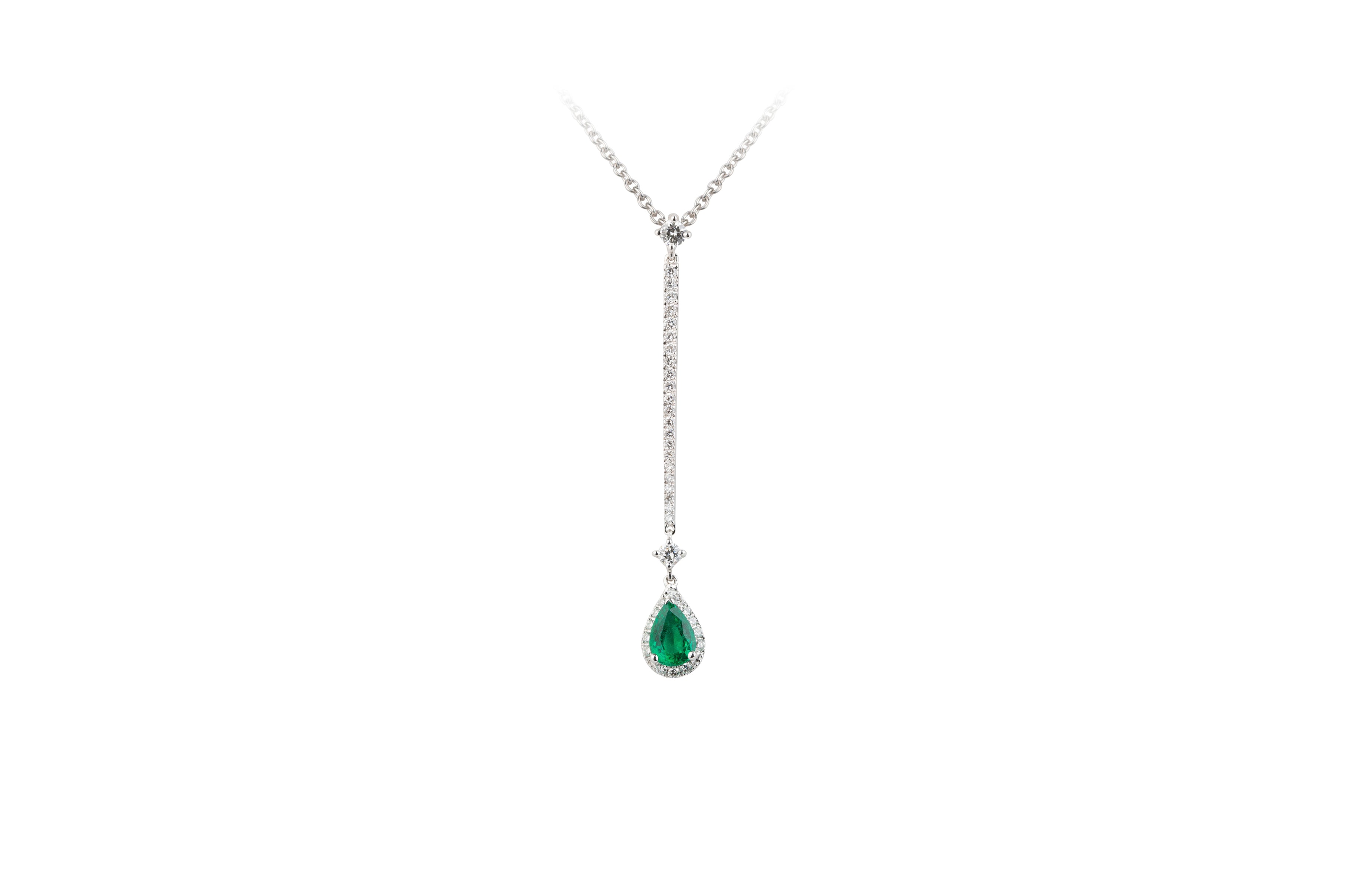 Emerald & Diamond Line & Drop Cluster Pendant & Chain in 18ct White Gold