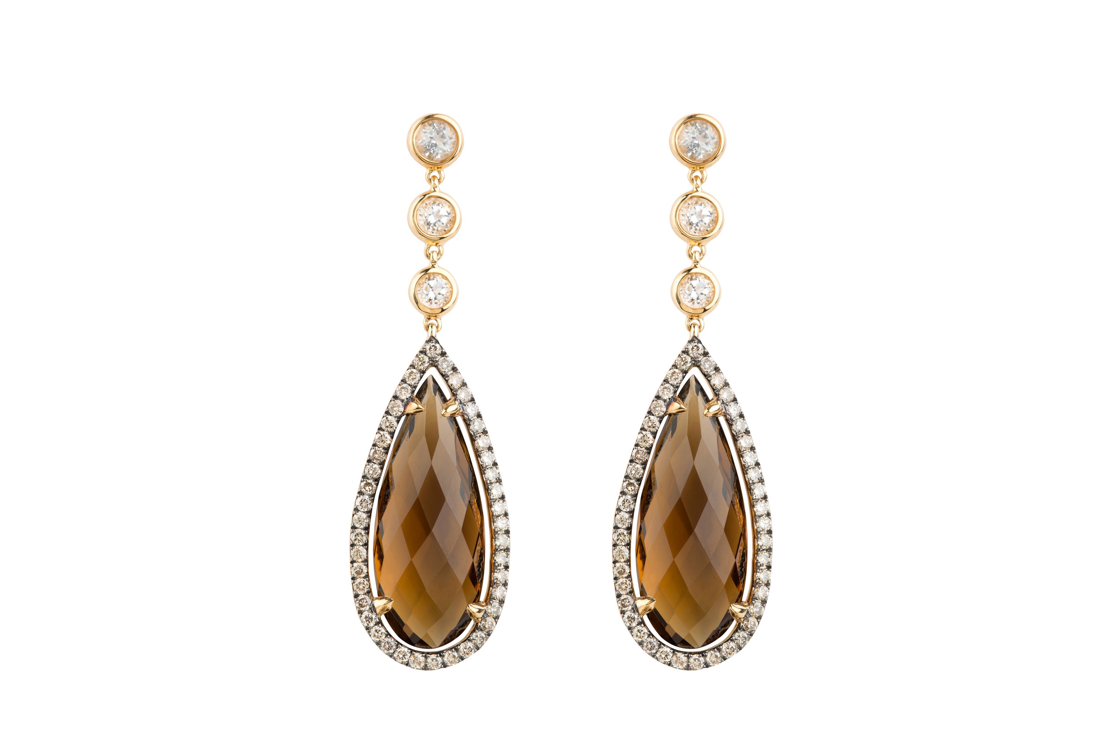 Smokey Quartz, Diamond & White Topaz Drop Earrings in 18ct Yellow Gold