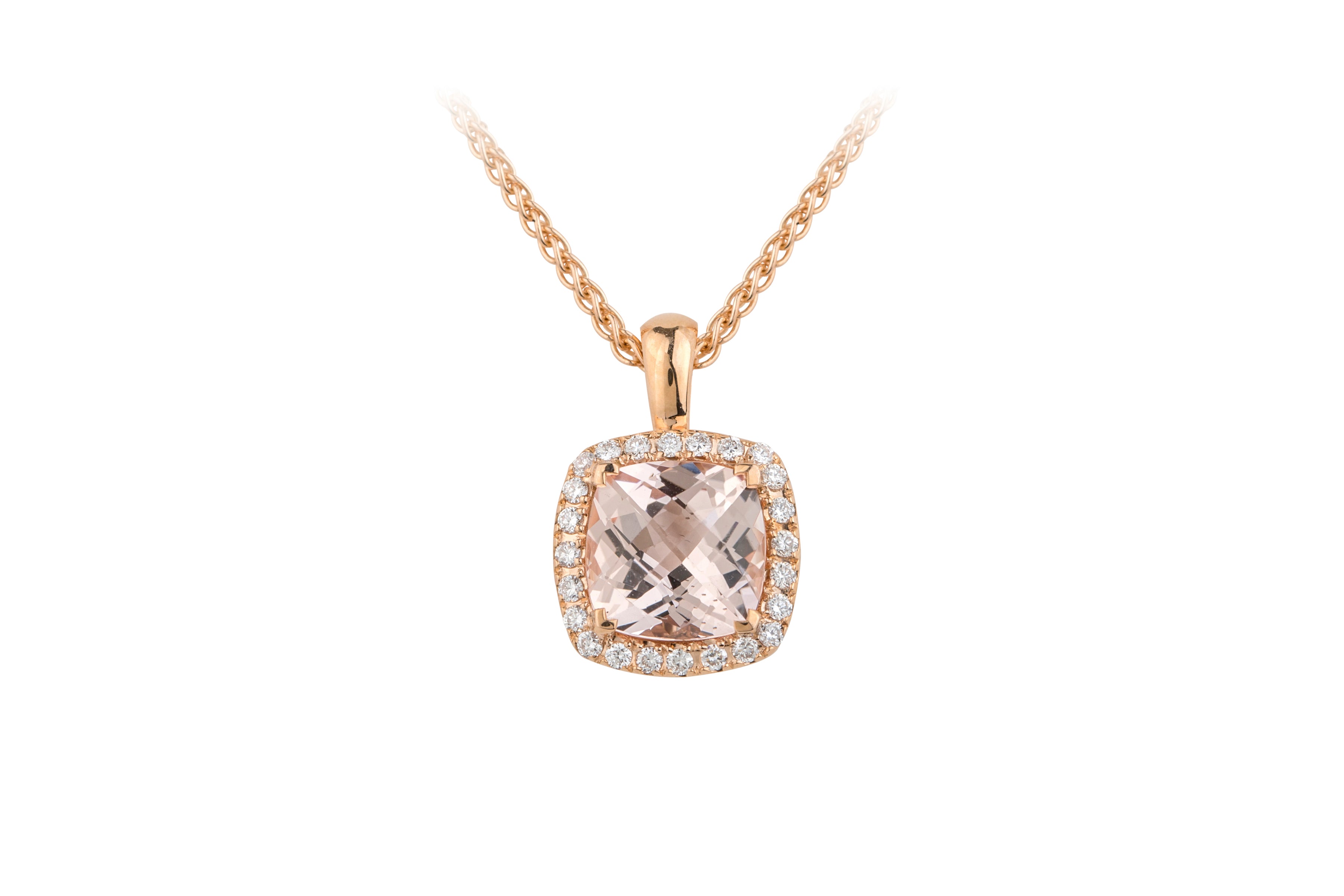 TP14921 Morganite & Diamond Cushion Cluster Pendant & Chain in 18ct Rose Gold