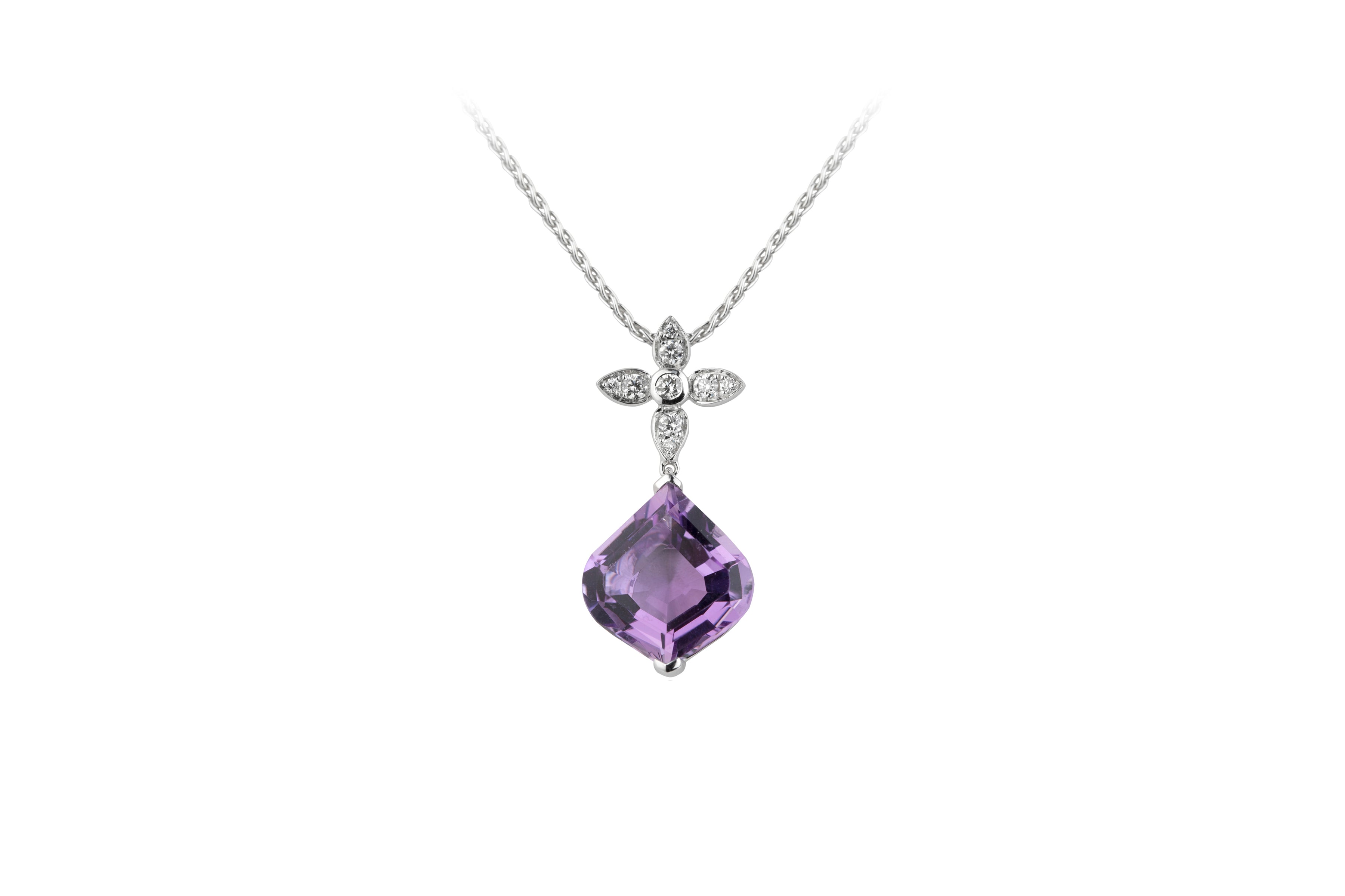 TP14922 Amethyst & Diamond Fancy Drop Pendant & Chain in 18ct White Gold