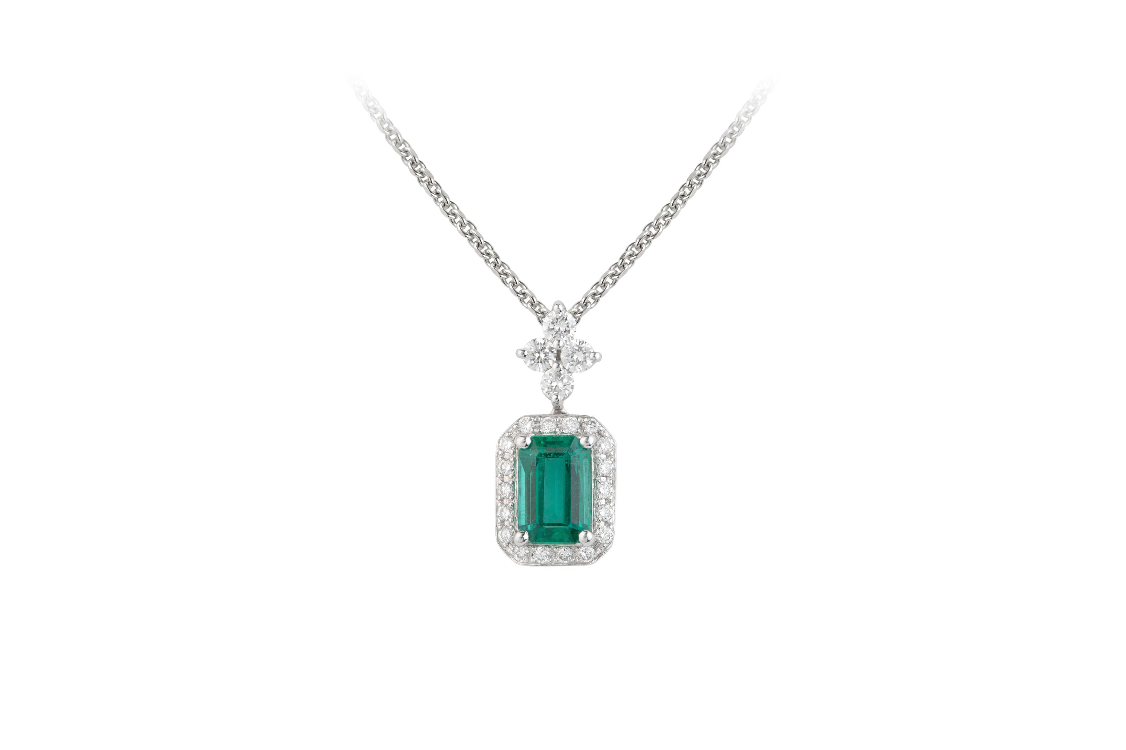 TP7905 Emerald & Diamond Drop Pendant & Chain in 18ct White Gold