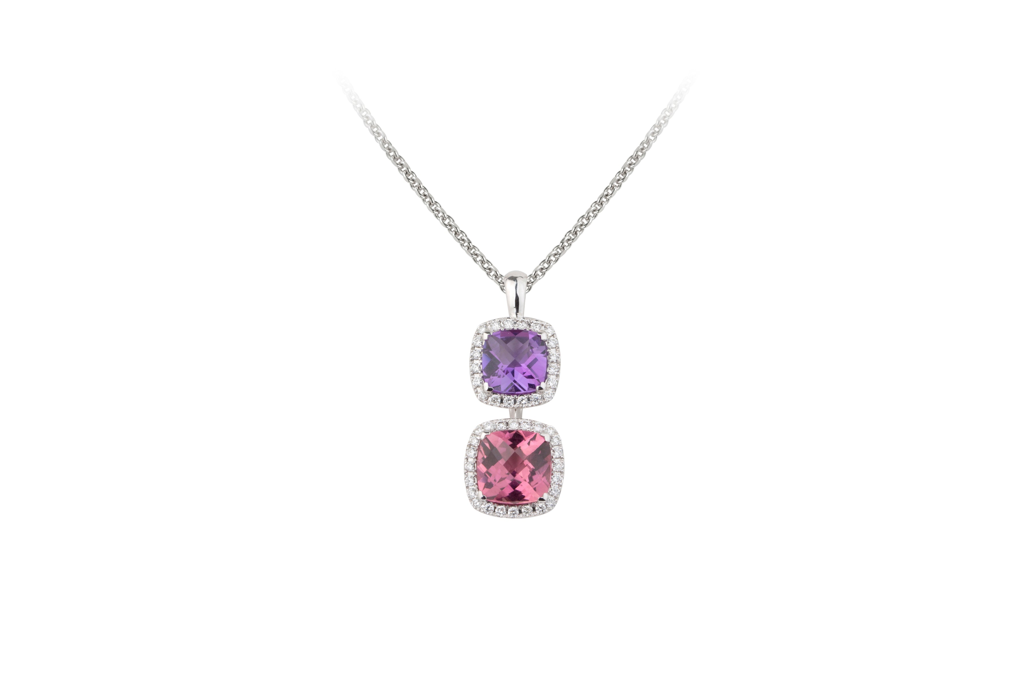 TP8910 Amethyst, Pink Tourmaline & Diamond Pendant & Chain in 18ct White Gold