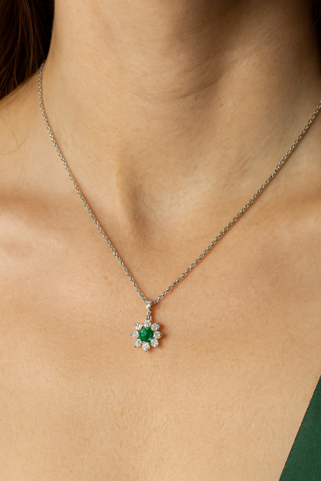 Emerald & Diamond Cluster Pendant | 18ct White Gold