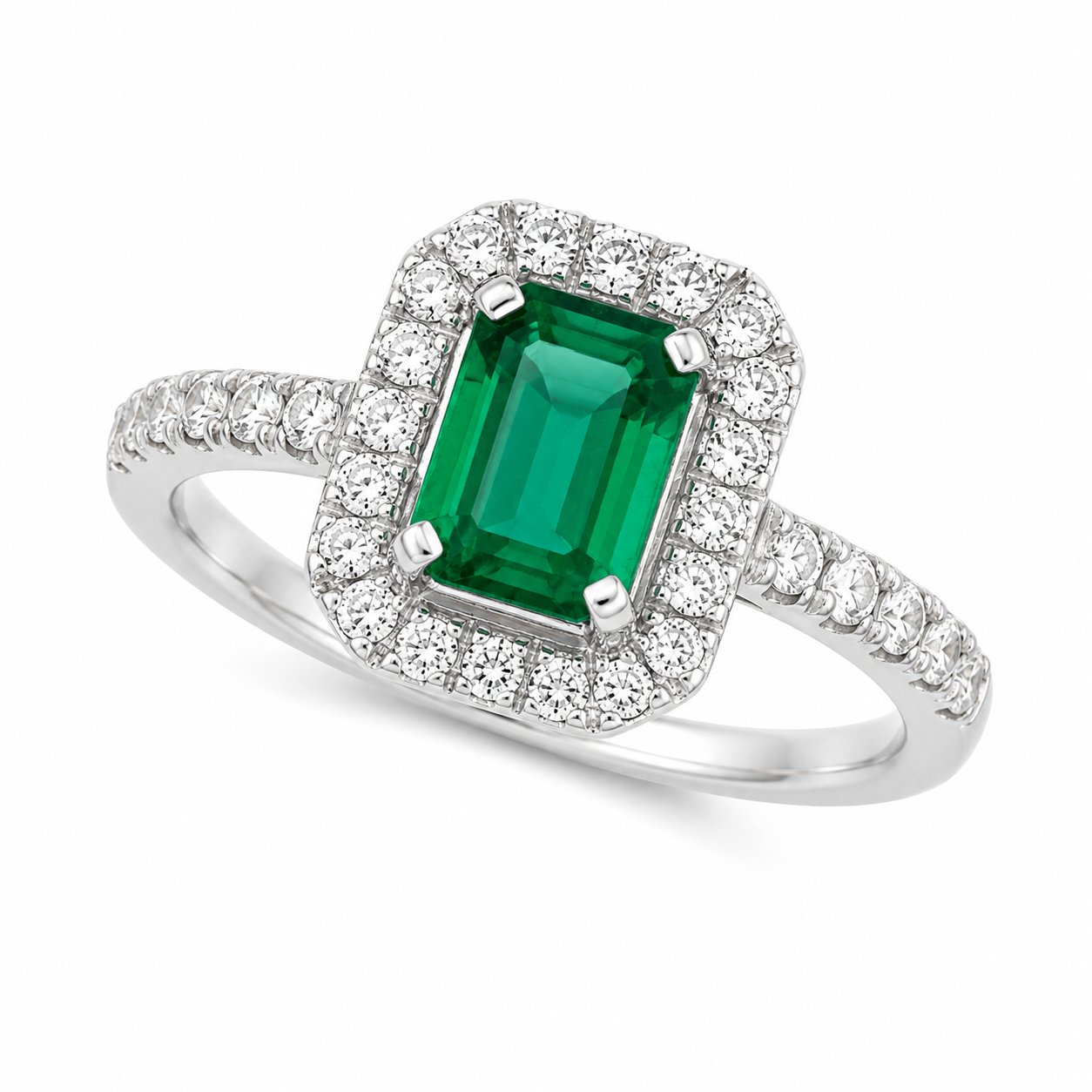Emerald & Diamond Rectangular Cluster Ring | 18ct White Gold | TP5513