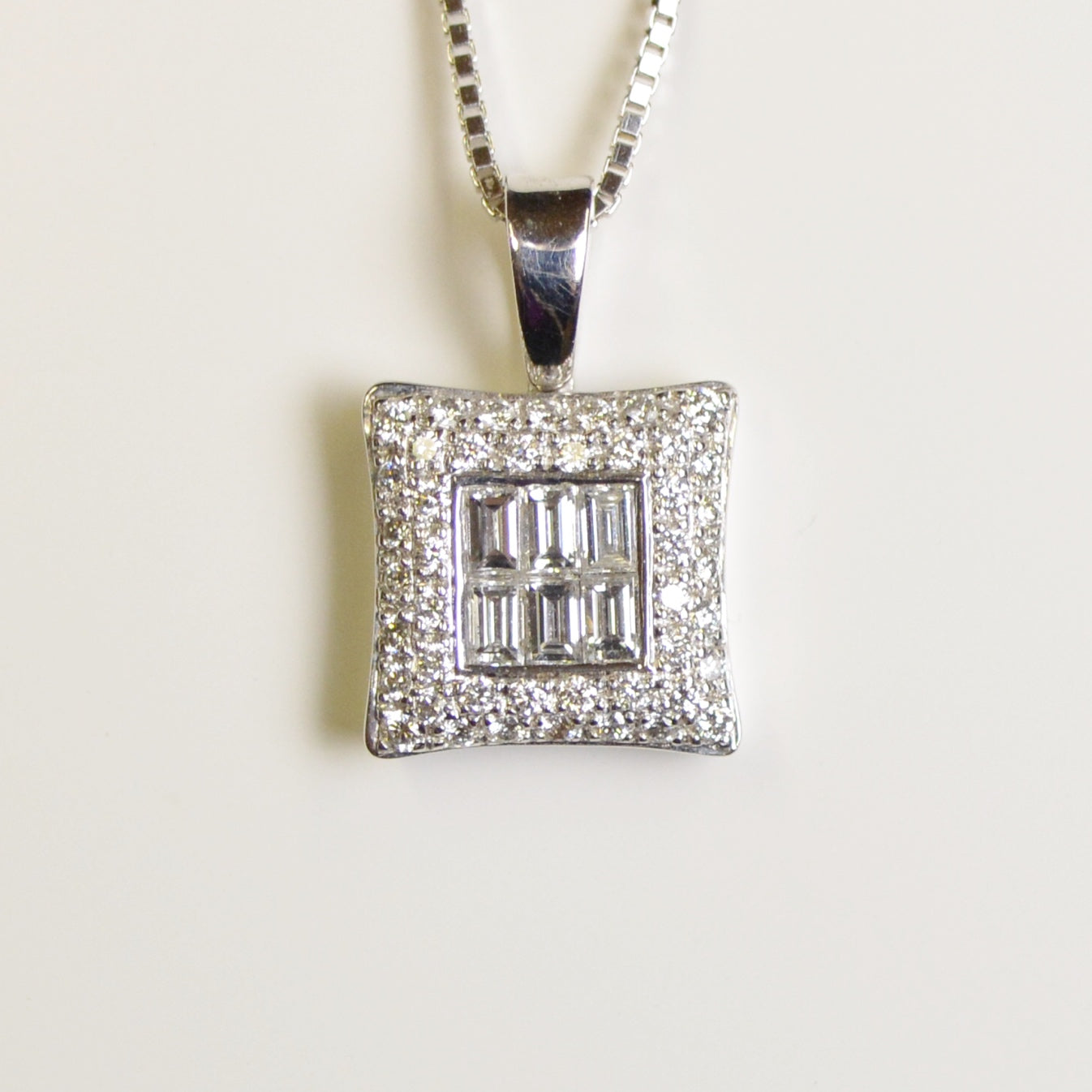 ER5958 Brilliant cut & Bagette Diamond Pendant  & Chain in 18ct White Gold