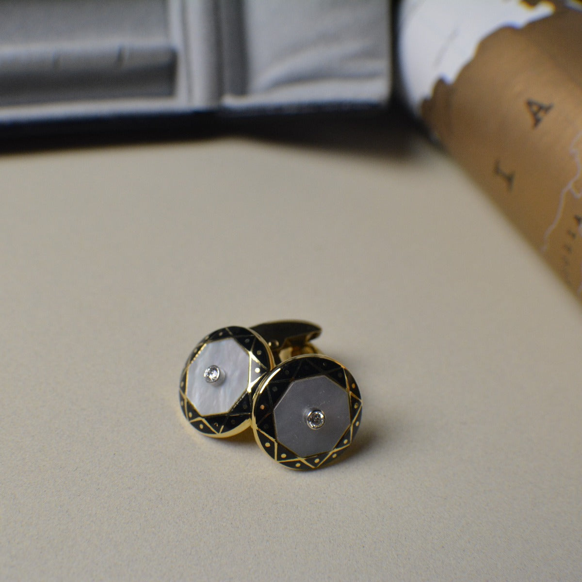 Hallmarked 18ct Yellow Gold Cufflinks set with Mother-of-Pearl and Diamond