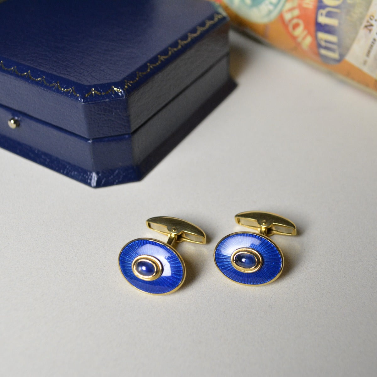 18ct Yellow Gold Cufflinks with Blue Enamel and Blue Sapphire