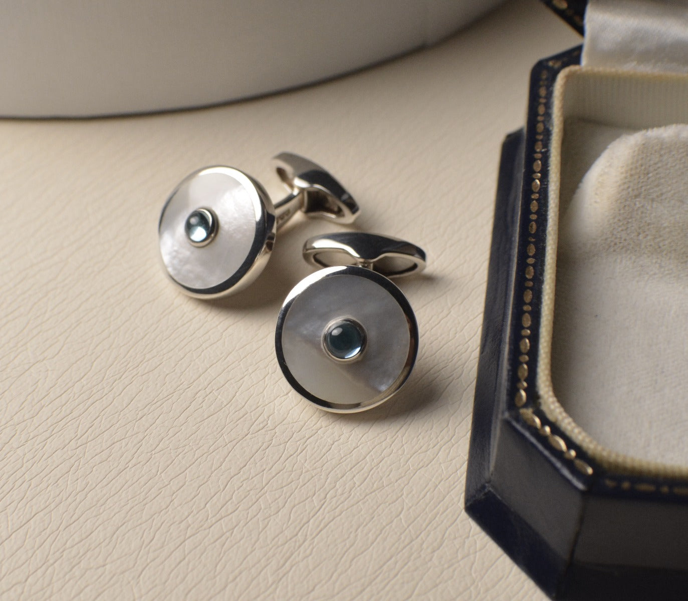 Sterling Silver Cufflinks set with White Mother of Pearl & Blue Topaz