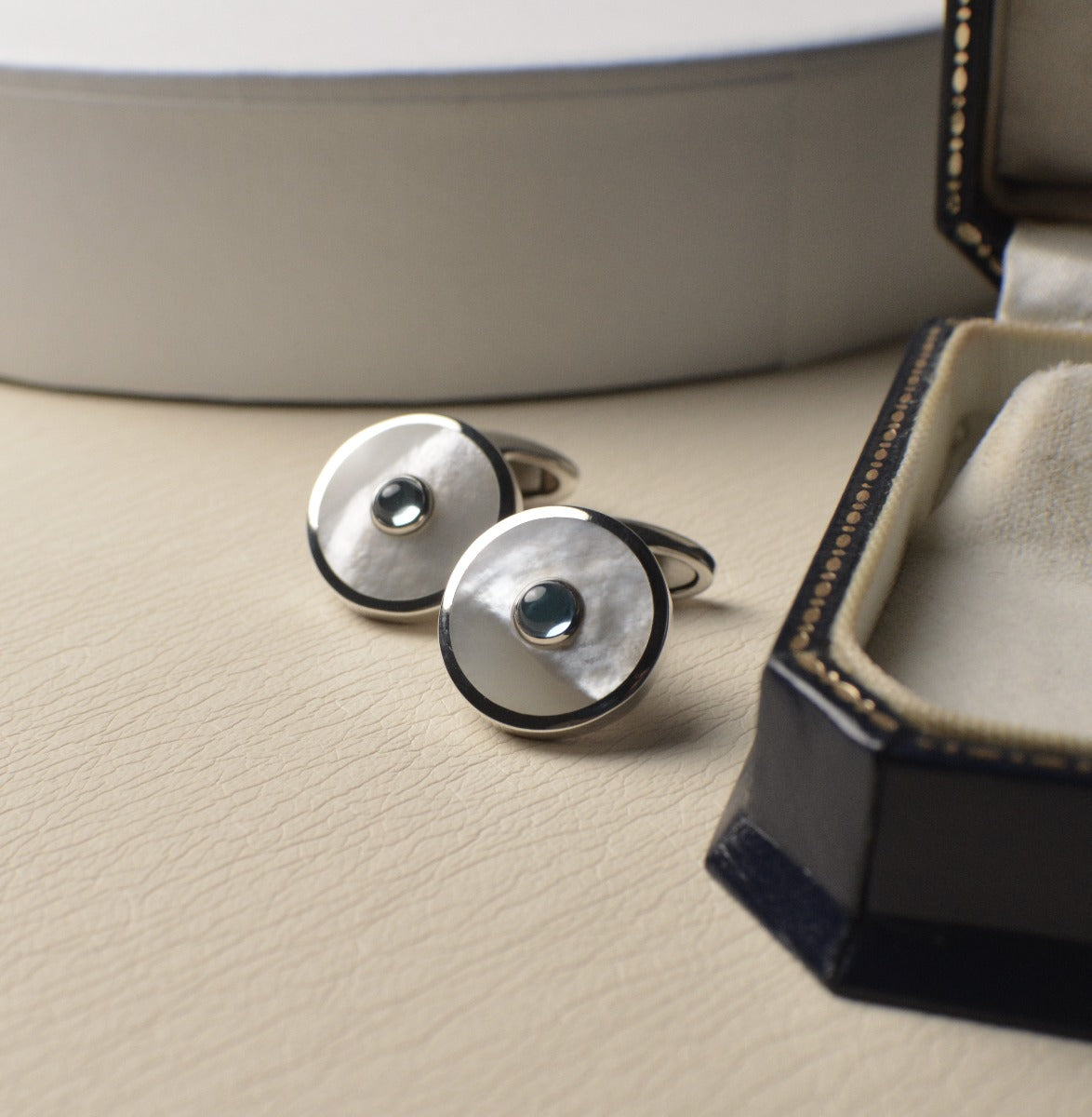 Sterling Silver Cufflinks set with White Mother of Pearl & Blue Topaz