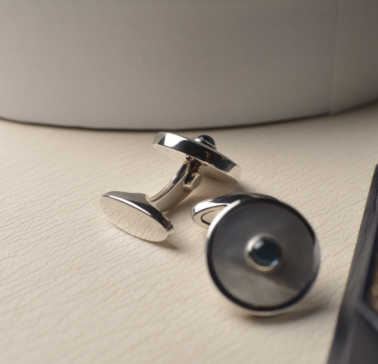 Sterling Silver Cufflinks set with White Mother of Pearl & Blue Topaz