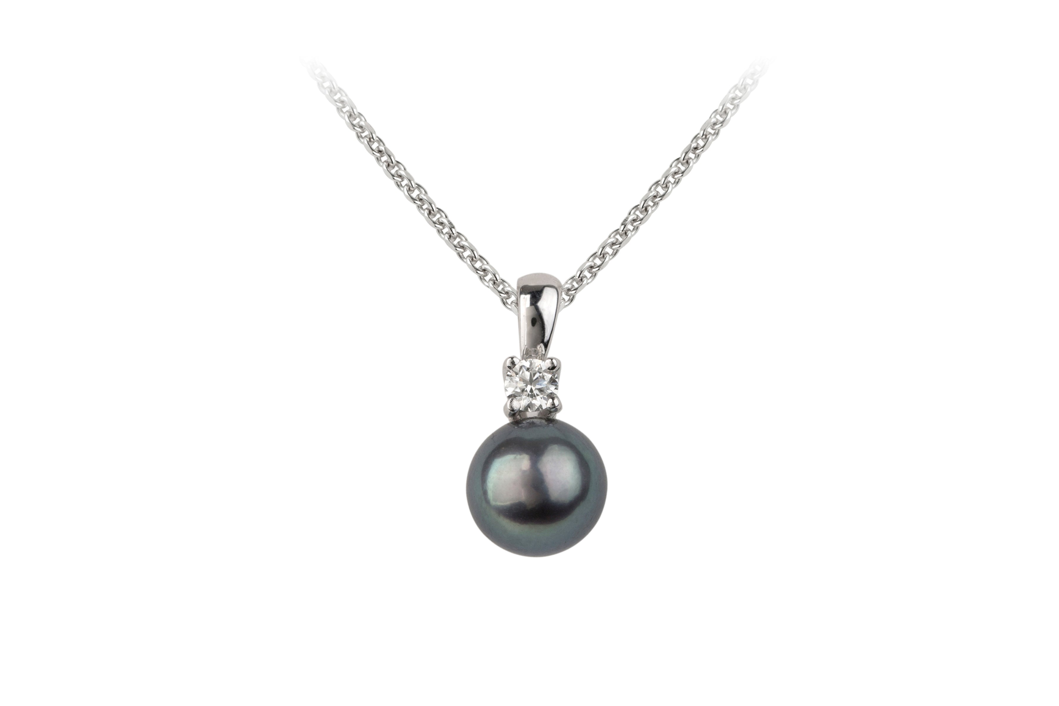 Black Cultured Pearl & Diamond Pendant & Chain in 18ct White Gold