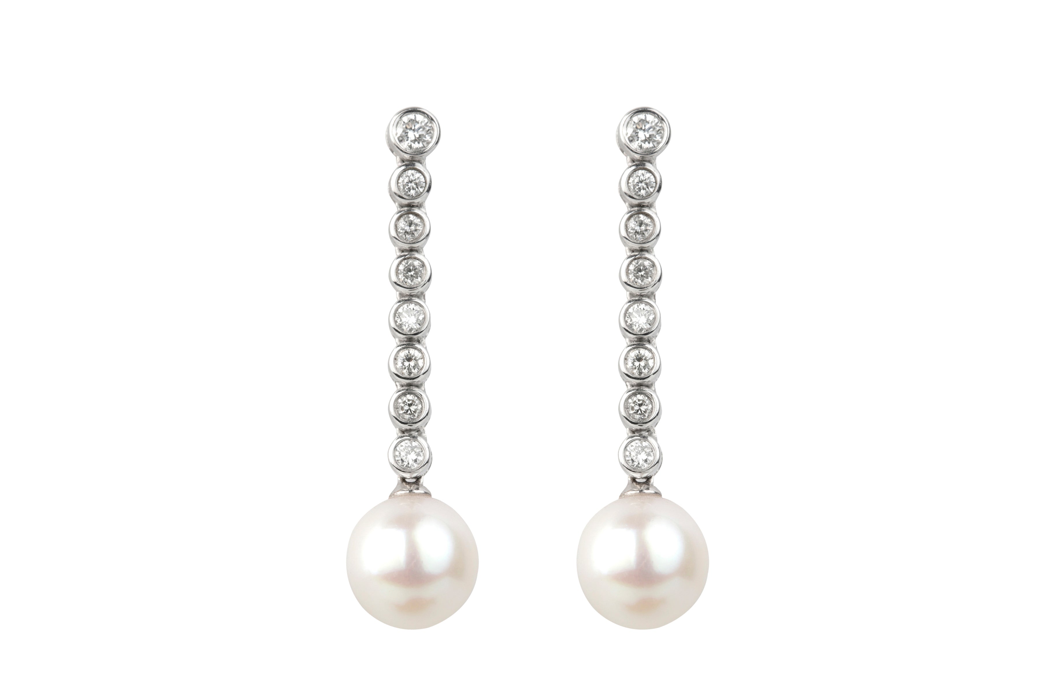Cultured Pearl & Diamond Line Drop Earrings in 18ct White Gold