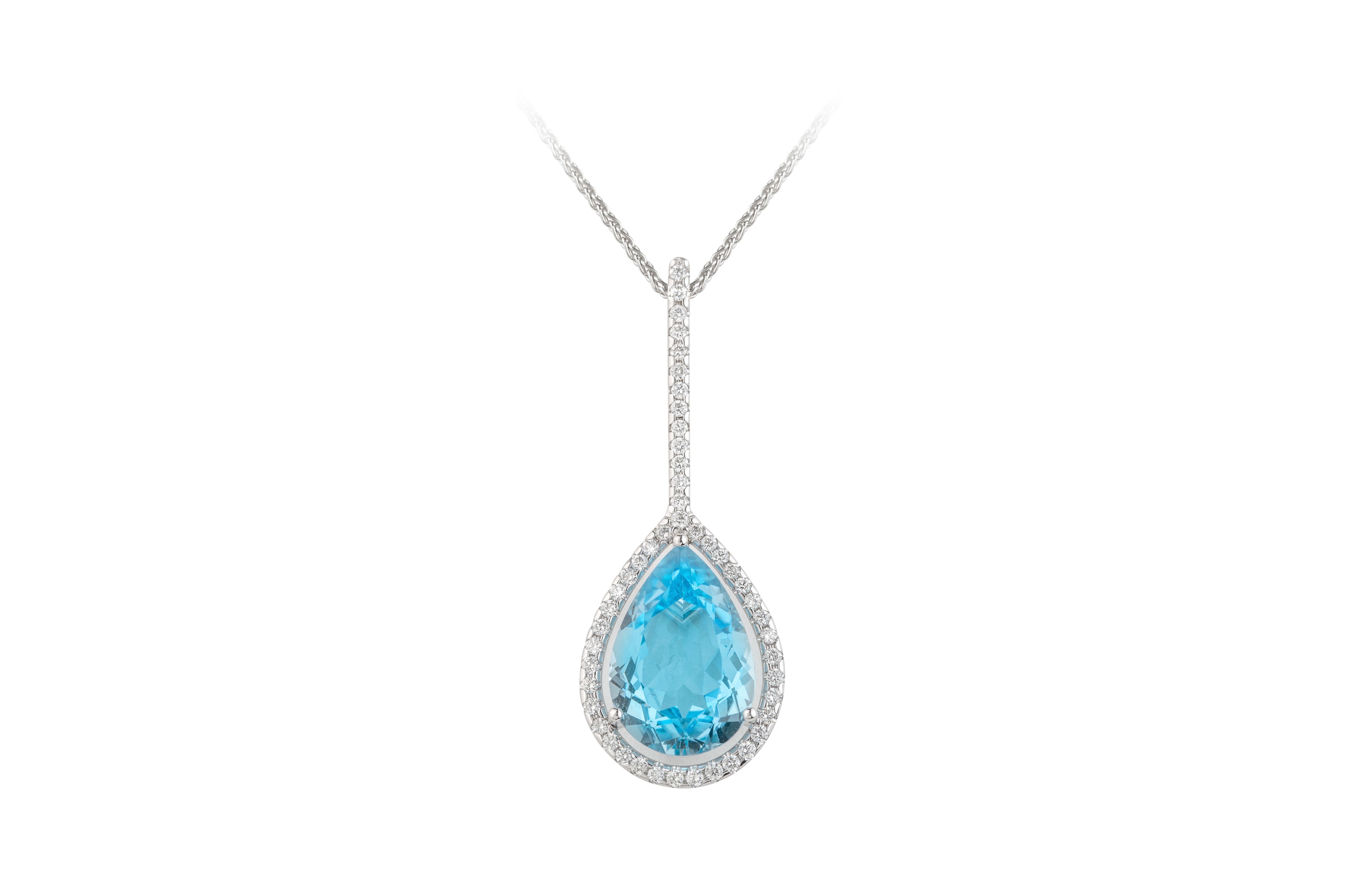 ER10920 Blue Topaz & Diamond Long Drop Pendant & Chain in 18ct White Gold