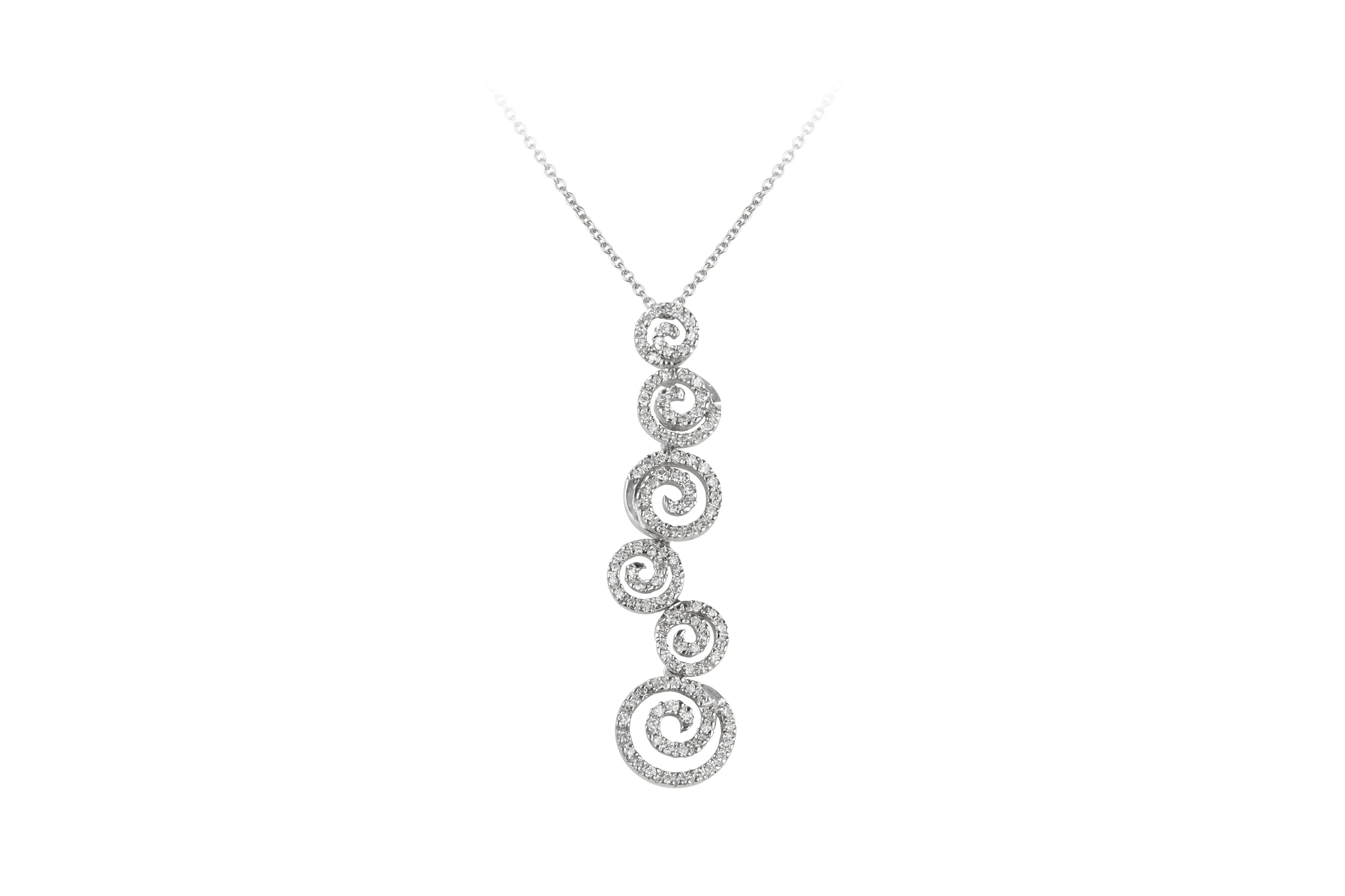 Diamond Circular Articulated Motif Long Drop Pendant & Chain in 18ct White Gold