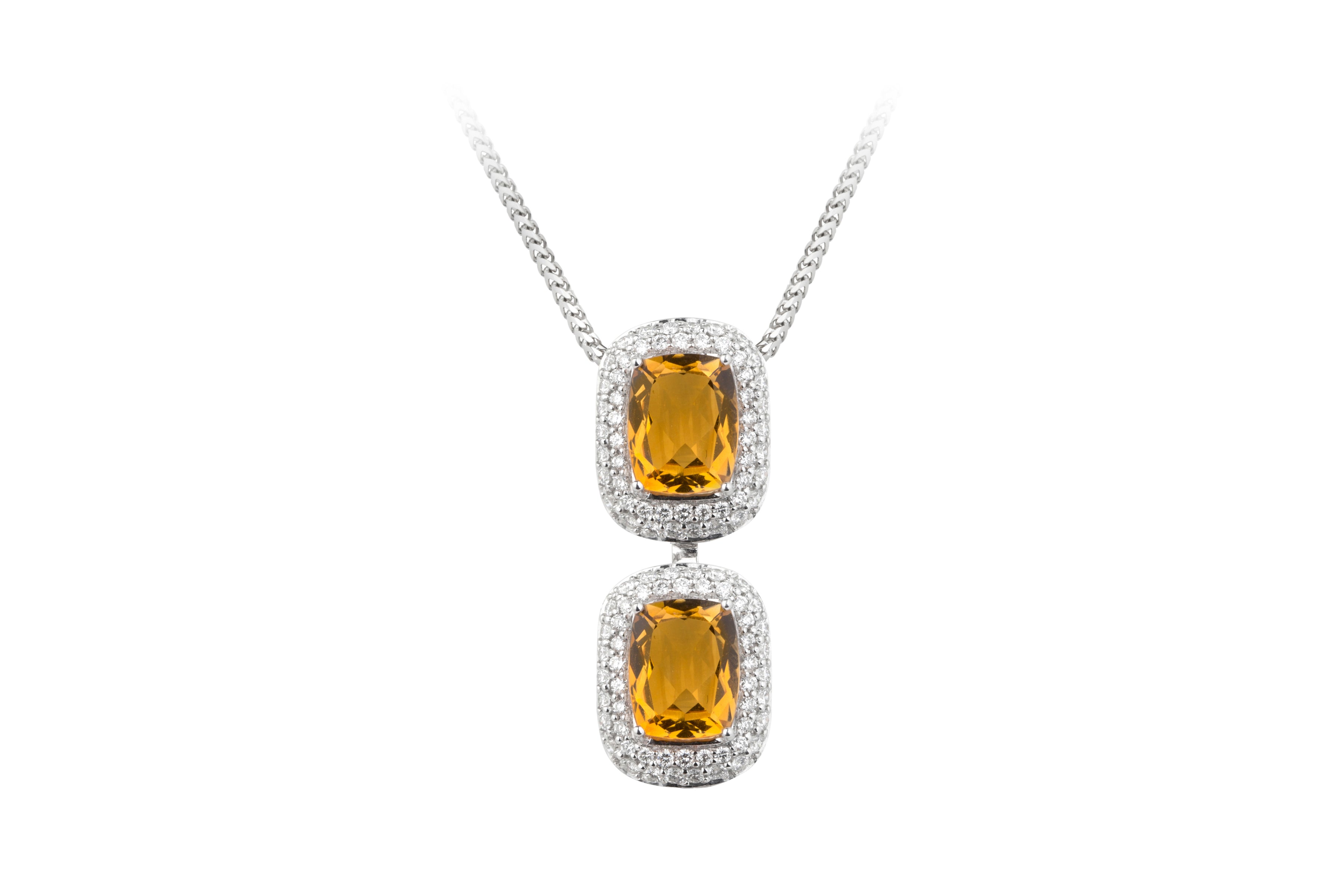 ER13914 Citrine & Diamond Double Cluster Pendant & Chain in 18ct White Gold