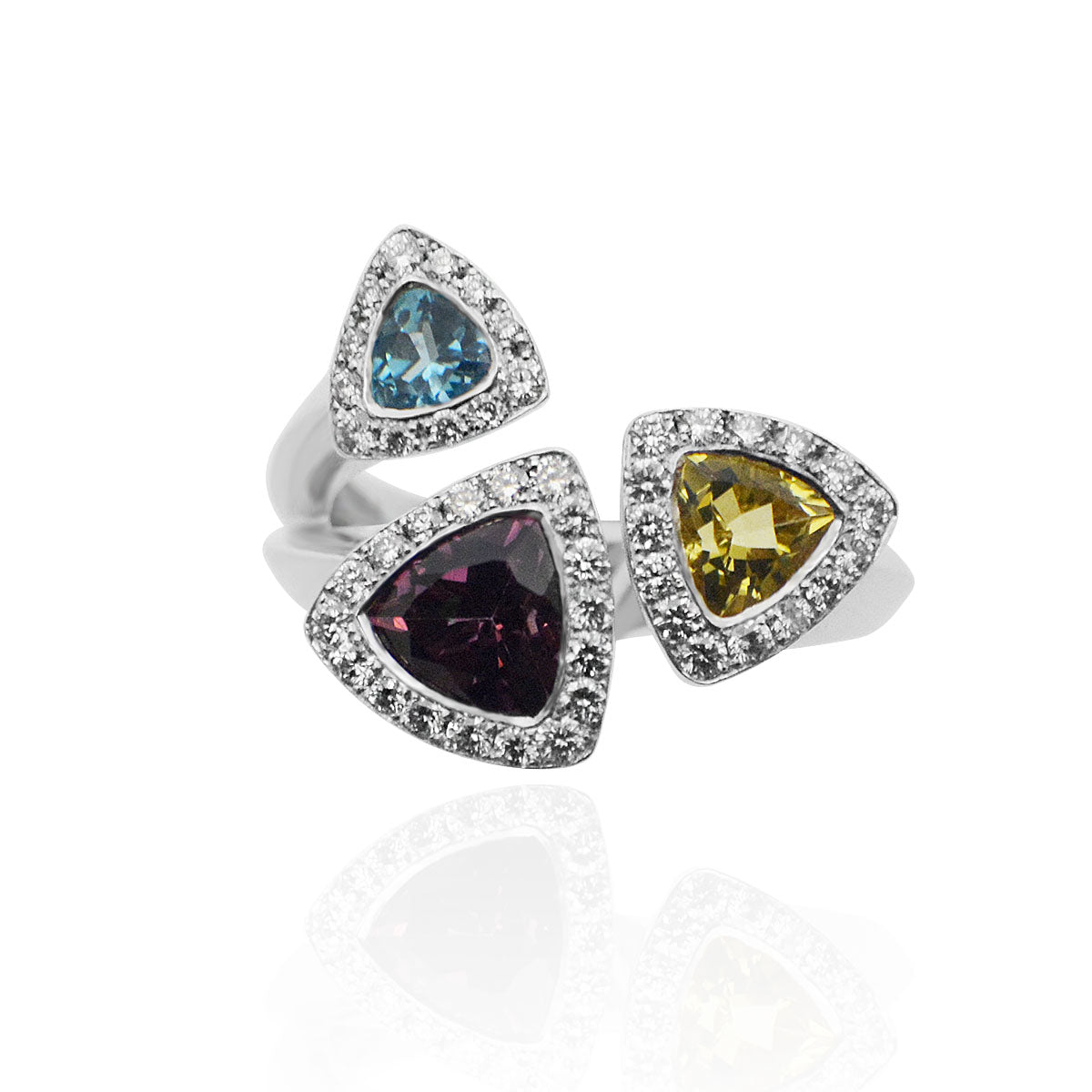 18ct White Gold Semi Precious Stone ring - Beryl, Blue Topaz & Rhodolite