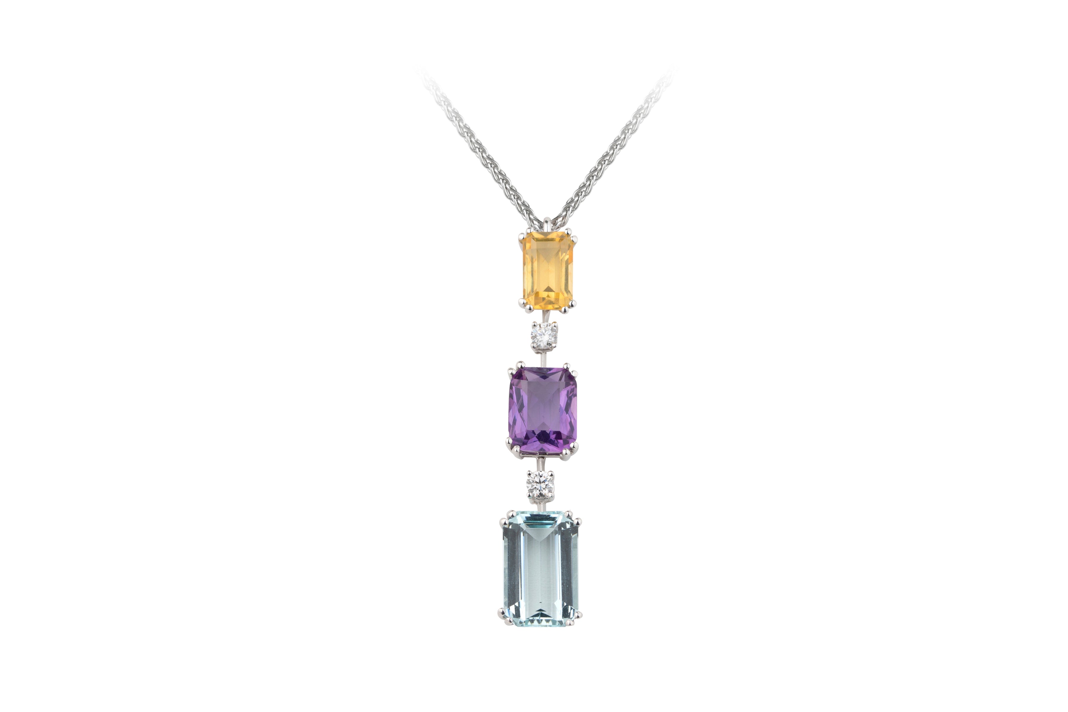 Aquamarine, Amethyst, Citrine & Diamond Pendant & Chain in 18ct White Gold