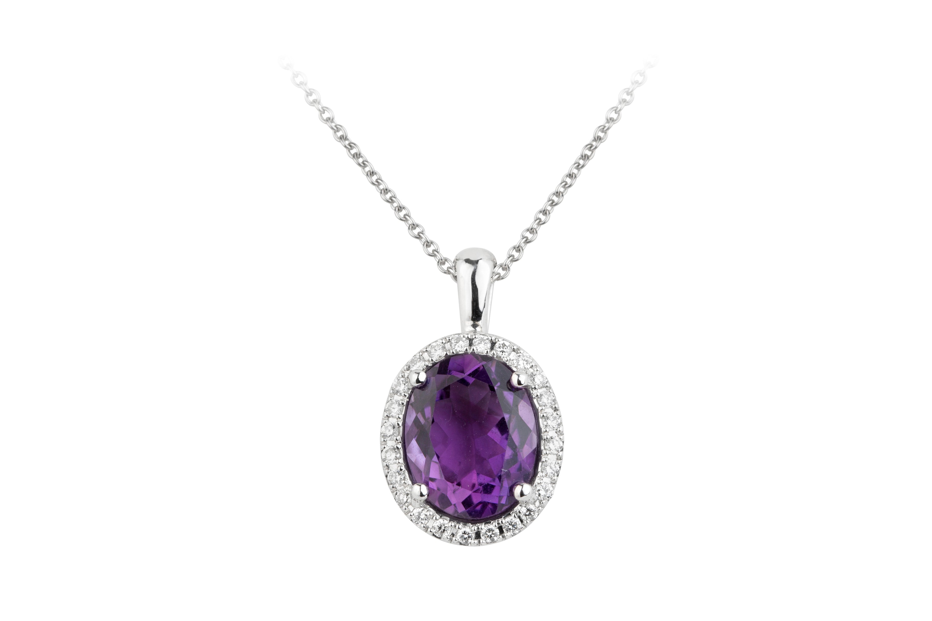 ER9817 Amethyst & Diamond Oval Cluster Pendant & Chain in 18ct White Gold