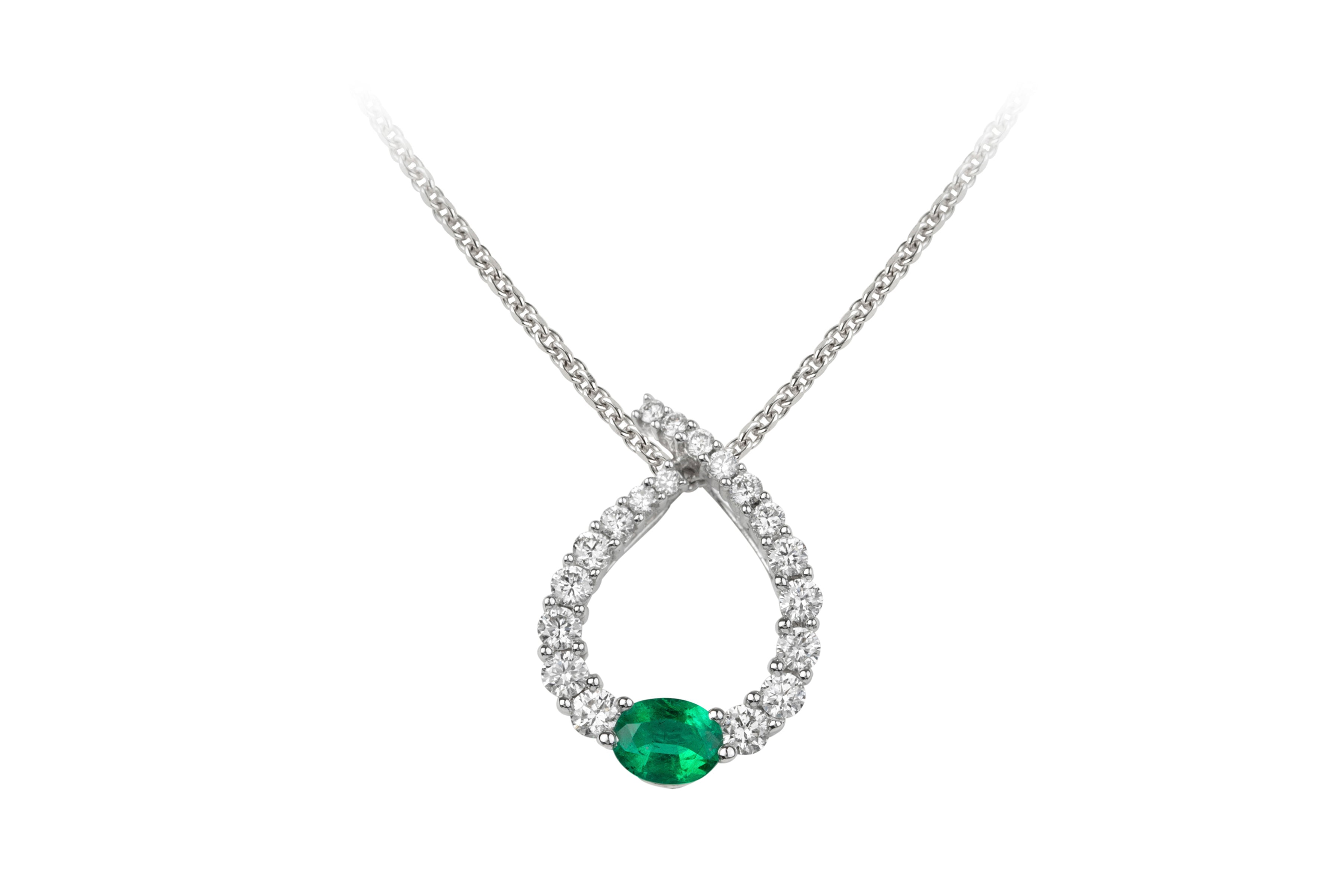 HM15904 Emerald & Diamond Pendant & Chain in 18ct White Gold