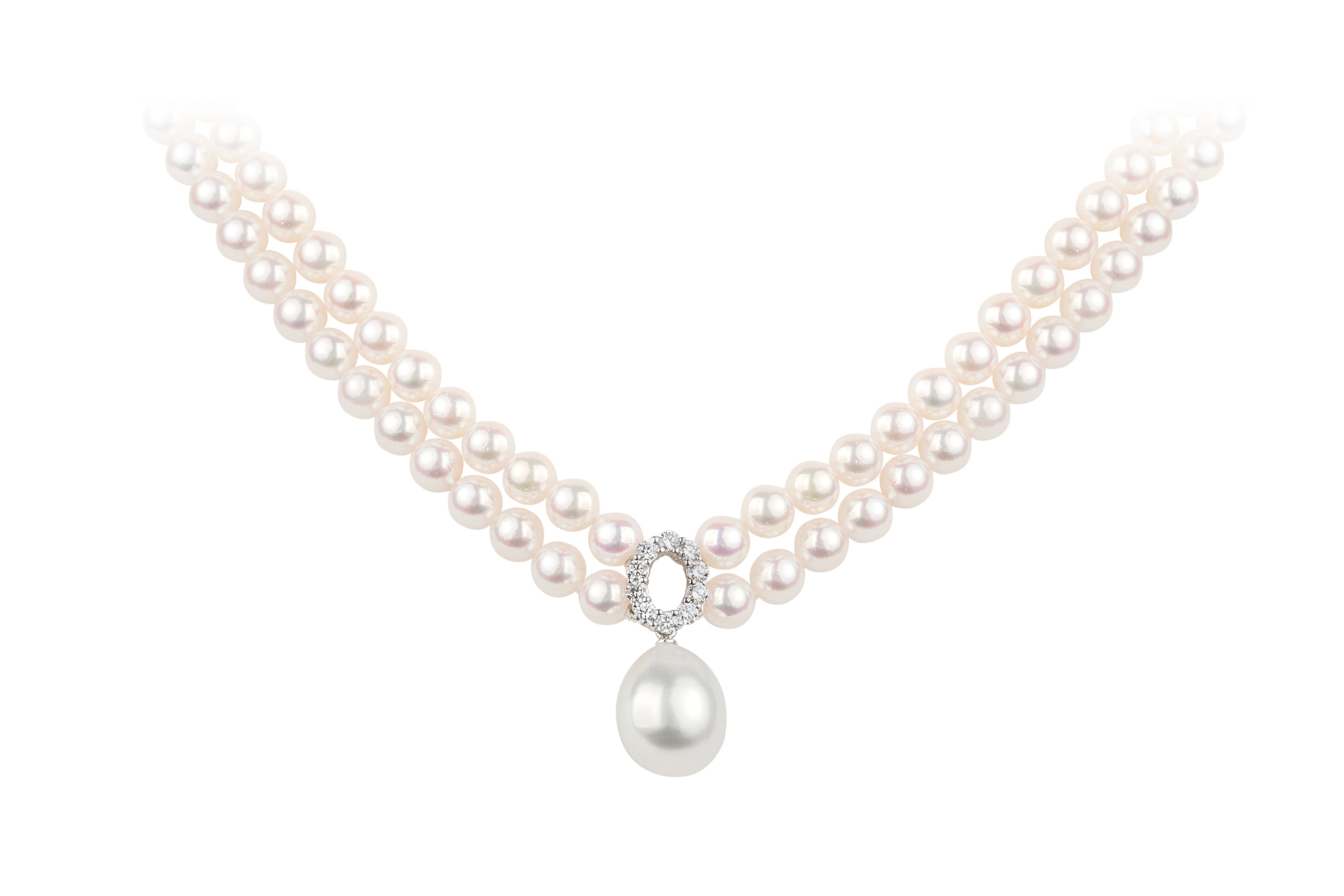 South Sea Cultured Pearl Drop & Diamond Motif in 18ct White Gold with 2 Row Cultured Pearl Choker